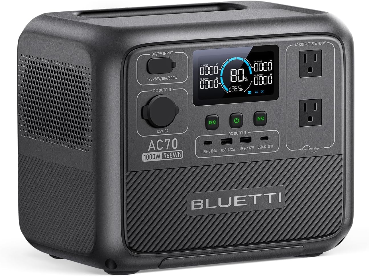 BLUETTI AC70 Portable Power Station, 768Wh LiFePO4 Battery, Dual 1000W AC Outlets, 100W Type C, Solar Generator for Travel & Backup
