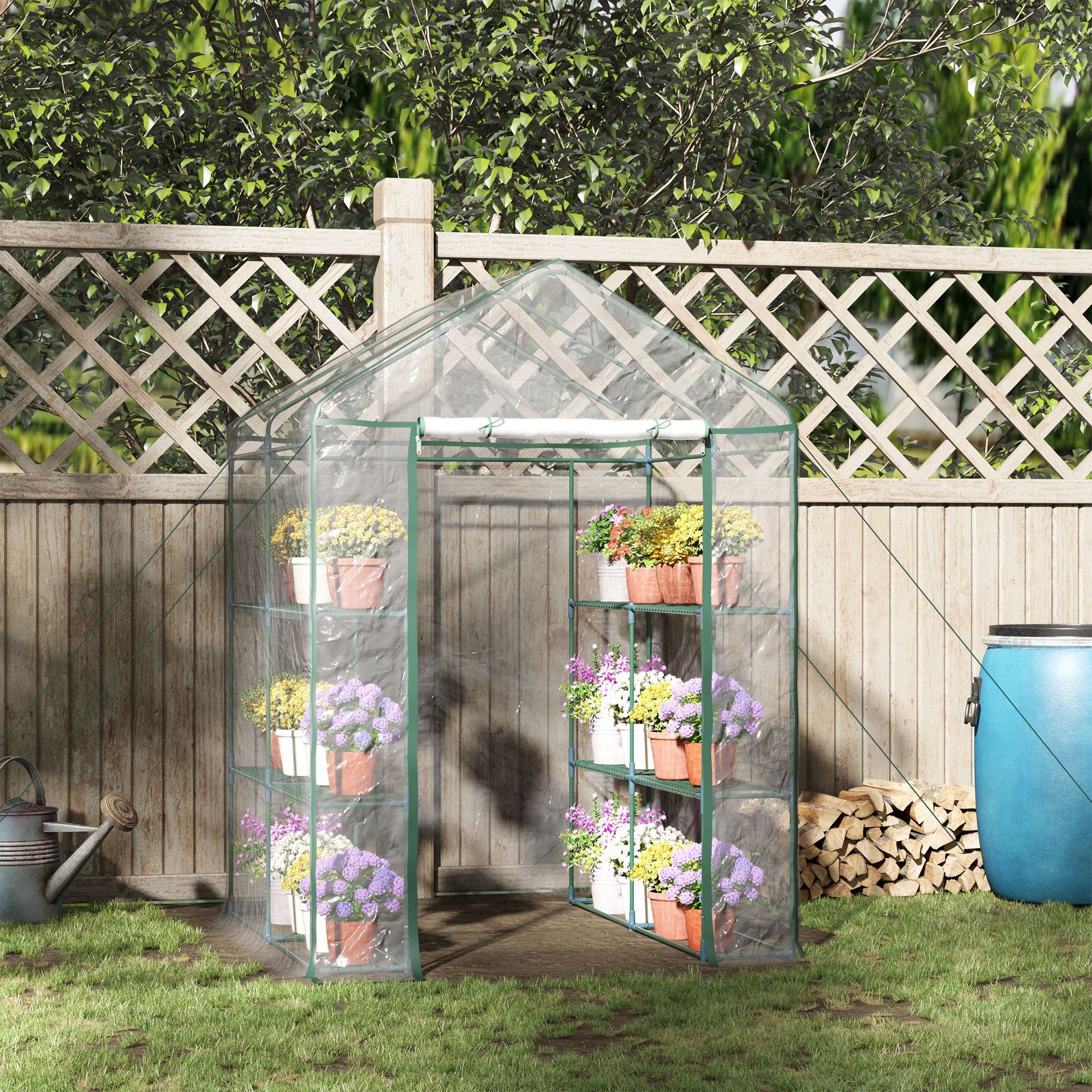 Outsunny Foliengewächshaus begehbares Gartenhäuschen Tomatengewächshaus Treibhaus Frühbeet mit 6 Regalen Transparent Stahl PVC-Kunststoff 143 x 143 x 195 cm