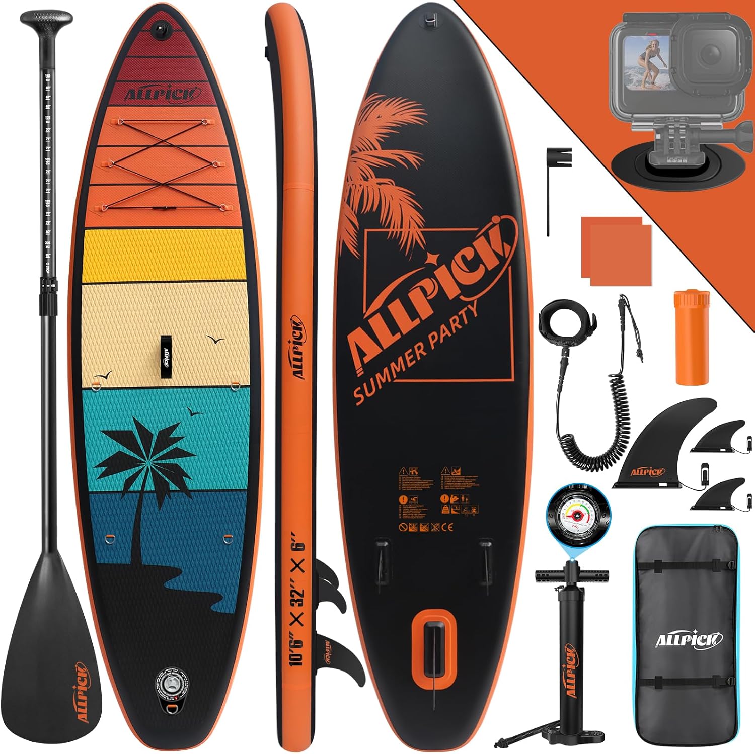 ALLPICK Sup Gonfiabile, Stand Up Paddle Board Gonfiabile, Con Supporto Universale per Fotocamera, Accessori Completi, Tavola da Sup Surf, Principianti e Avanzati, 200kg
