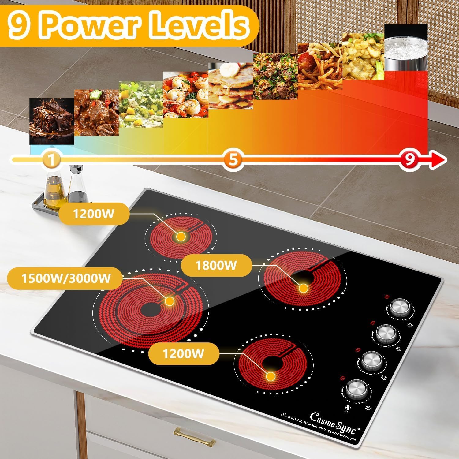 30 Inch Built-In Electric Ceramic Glass Cooktop, 4 Burners, 7200W Total Power, Knob Control, Compatible with Flat-Bottom Cookware, 220-240V Hardwired