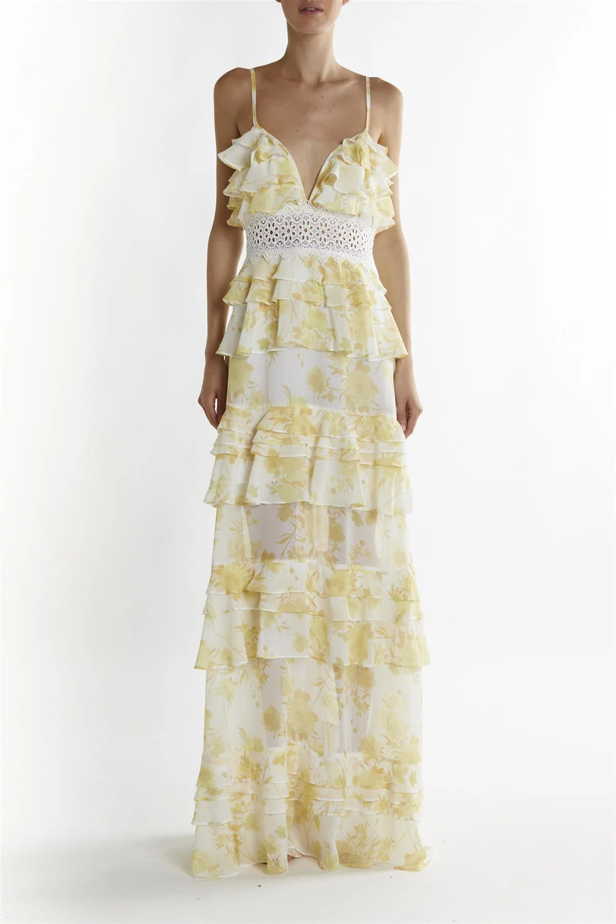 Yellow Watercolour-Floral Sophia Plunge Front Tiered Ruffle Maxi-Dress