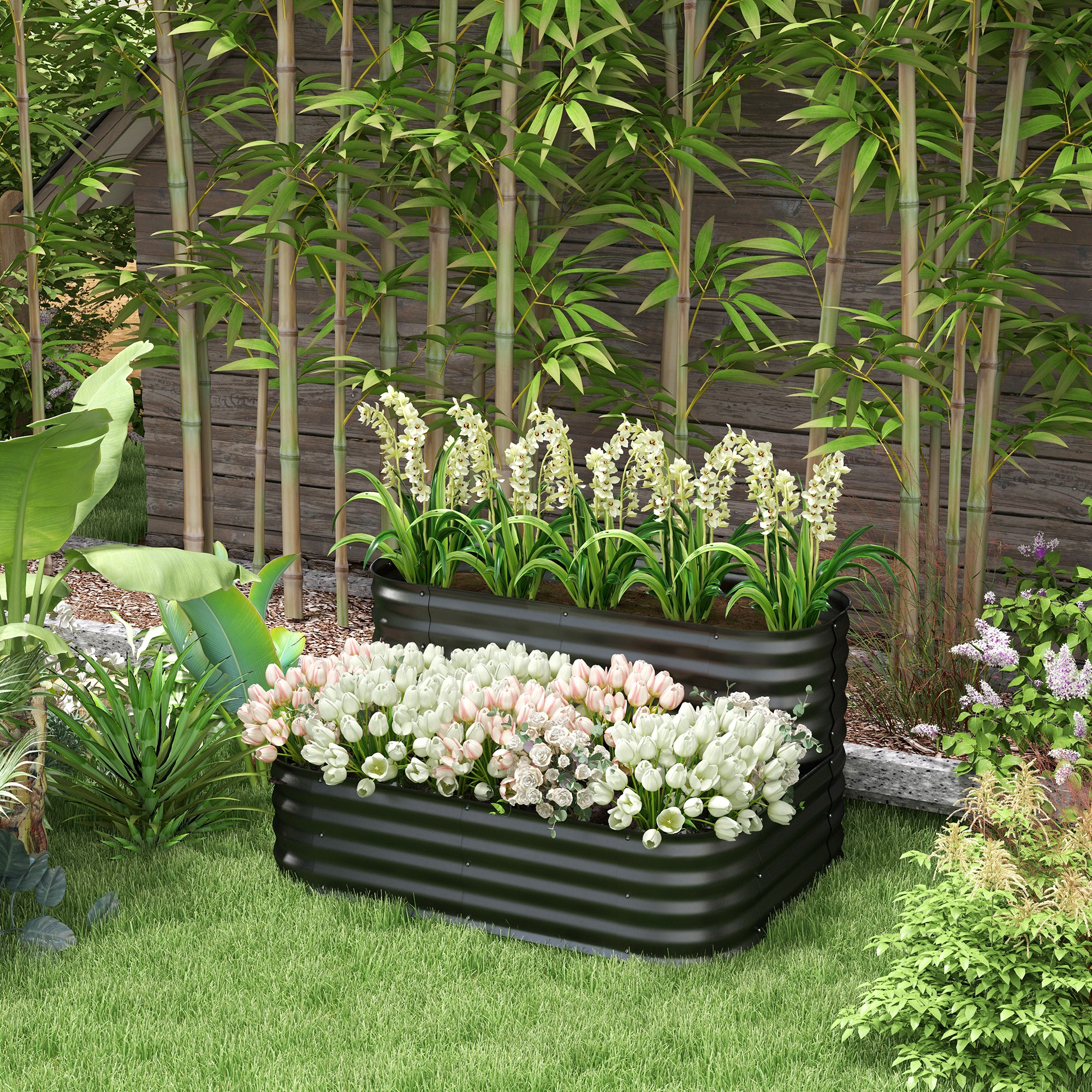 Outsunny Quadratischer Garten Pflanzkasten mit offenem Boden 2 Etagen für Kräuter Gemüse Obst Blumen 120 x 90 x 30 cm Schwarz