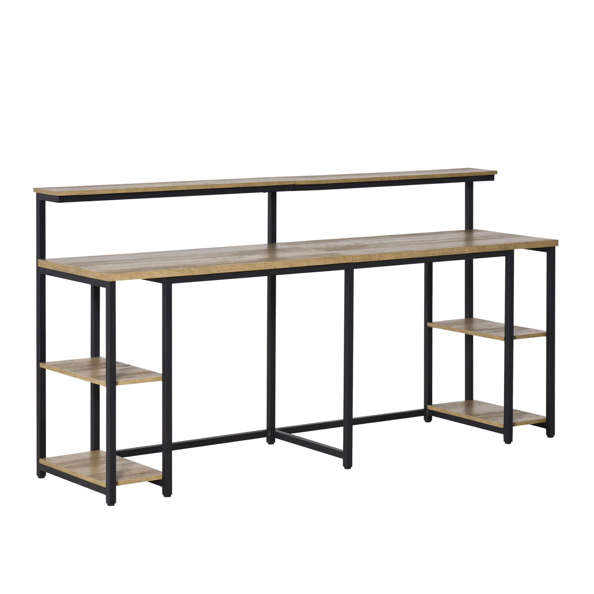 Easycomfort Scrivania Doppia con Scaffali e Mensola per Monitor in Stile Industriale, Scrivania con Libreria Salvaspazio per Ufficio e Studio in Metallo e MDF, 200x53x100cm, Nero Marrone