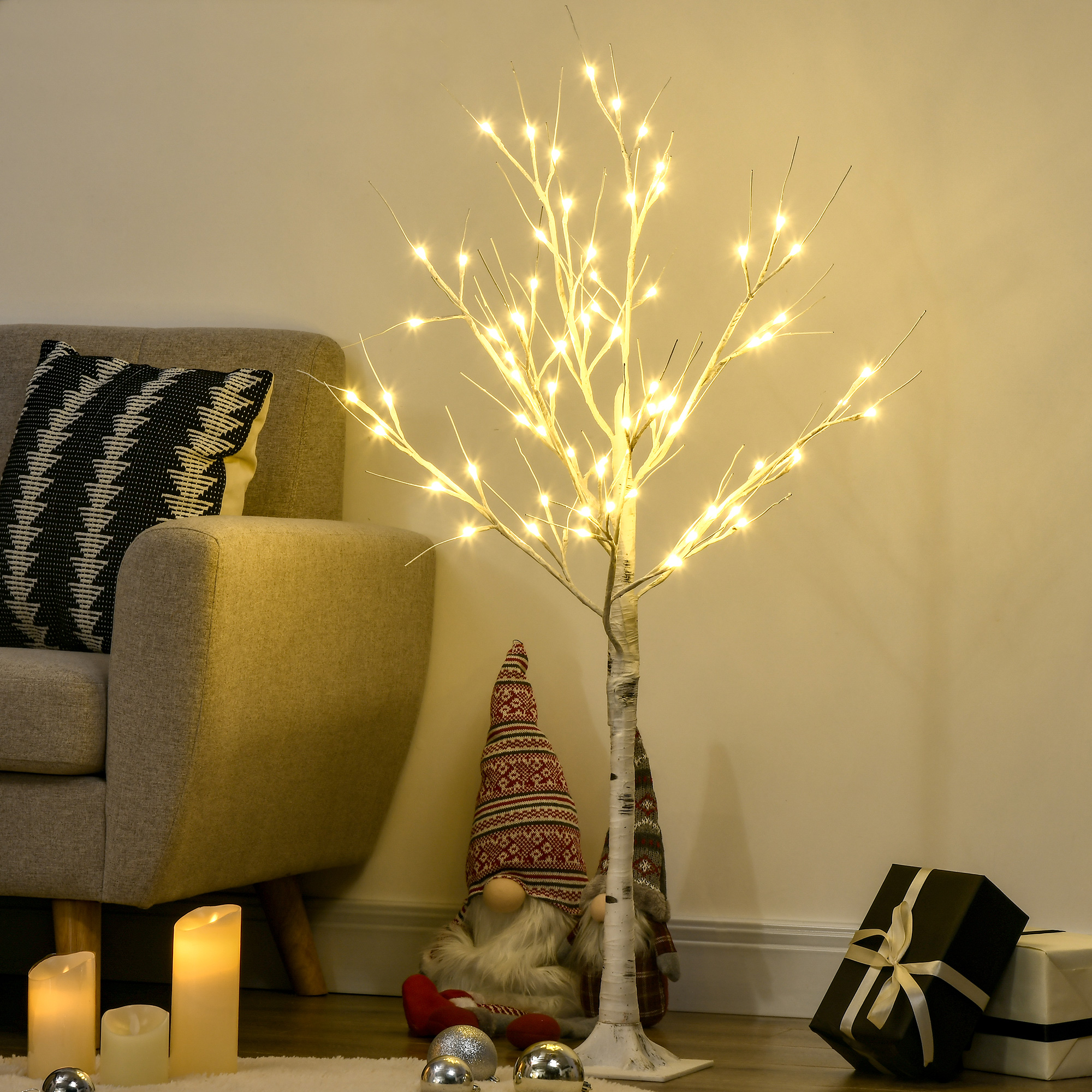 HOMCOM Kunstbaum, Kunstbirke, mit LED-Beleuchtung, warmweiß, realistische, weiße Rinde, 17L x 17B x 120H cm