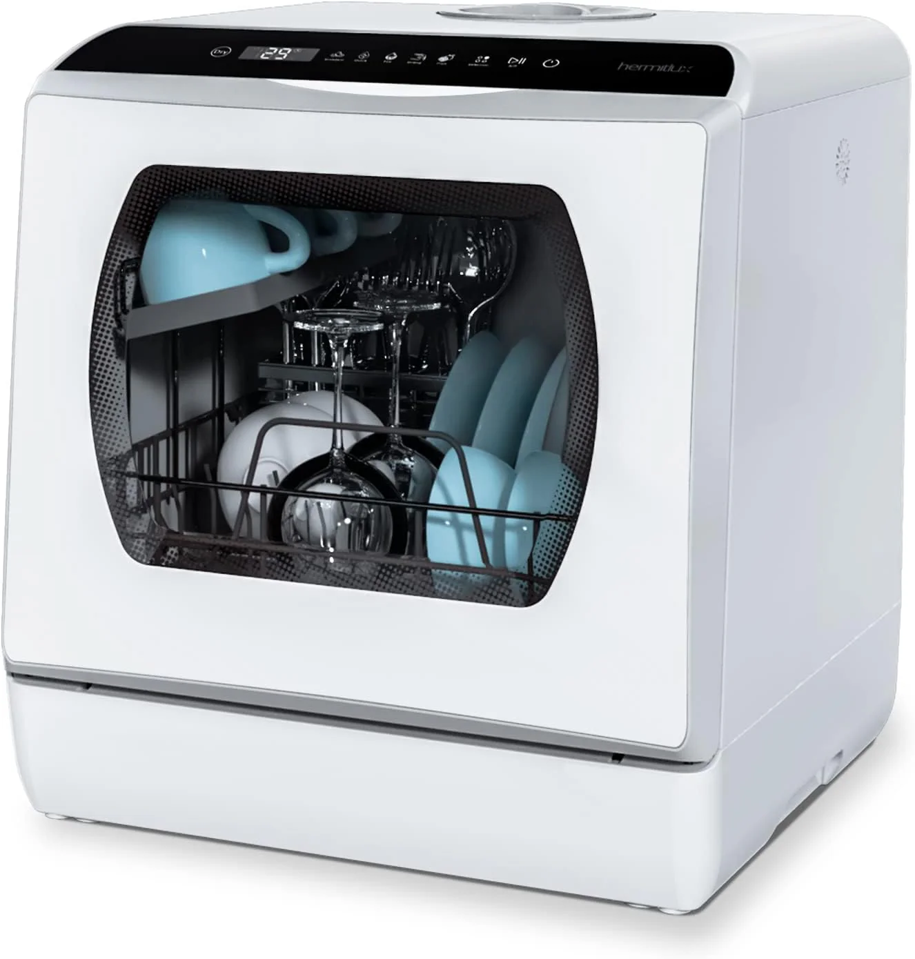 Hermitlux Mini Geschirrsp��ler, Sp��lmaschine f��r 4 Bestecks?tze, 5 Liter Wassertank, 6 Programme Mini Tischgeschirrsp��ler, Perfekt f��r Wohnungen, Schlafs?le, Camping, Wei?