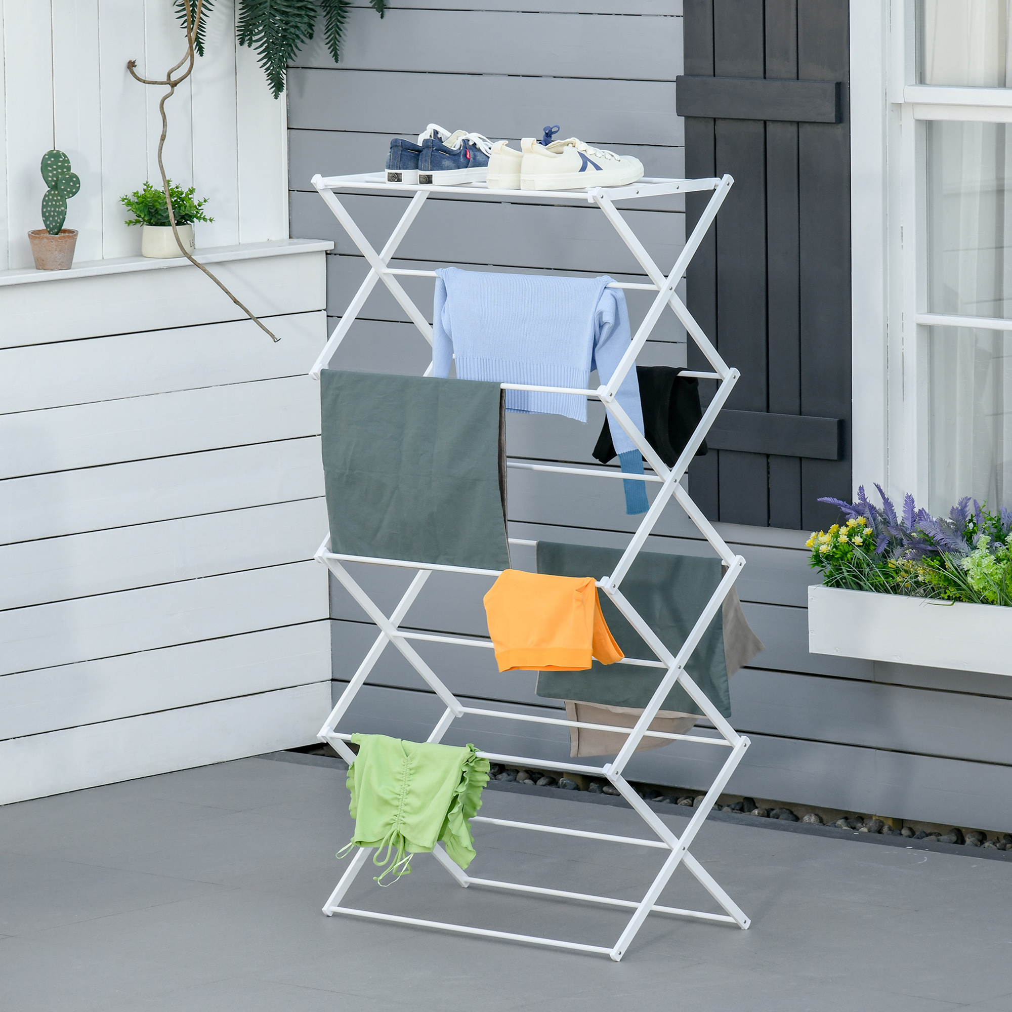 HOMCOM Wäscheständer faltbar 8-stufiger Trockengestell Turmtrockner Turmwäscheständer Trockenständer Metall Kunststoff Weiß 74 x 35 x 144 cm