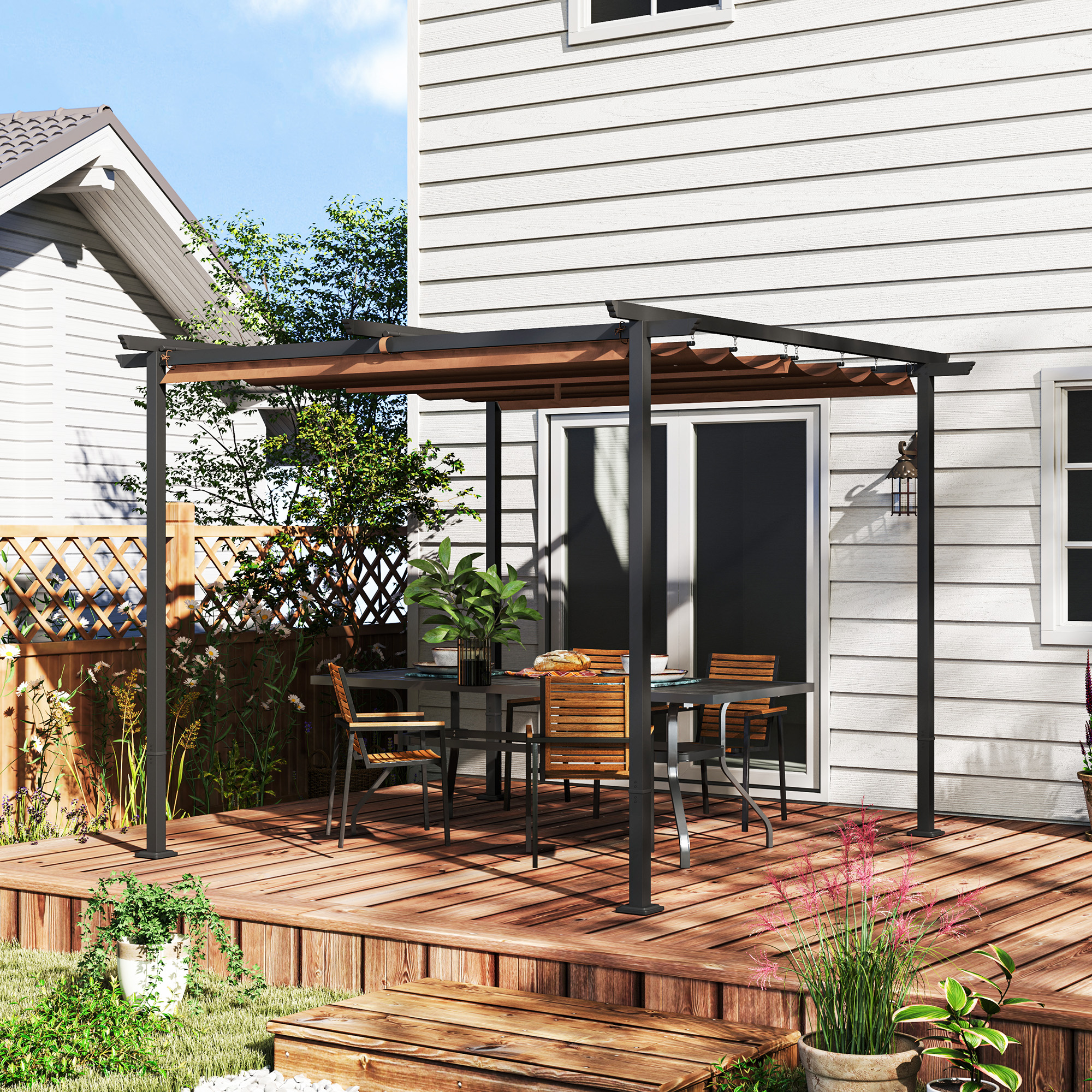 Outsunny Pergola Garten Outdoor 3x3 m ausziehbares Schiebedach 180 g/m² hochdichtes Polyester, Sonnenschutz UPF30+, braun