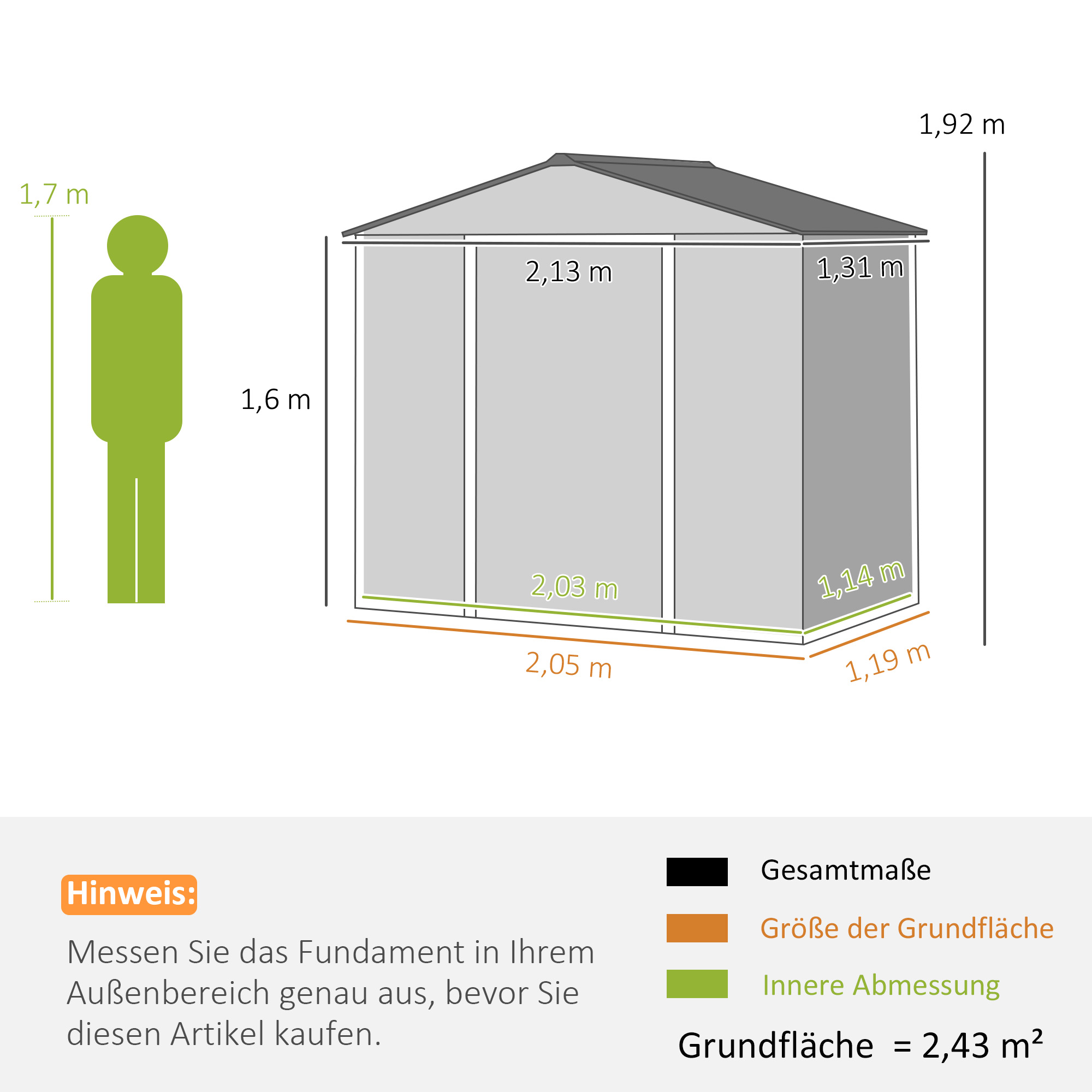 2,1 x 1,3 m Tuinschuur, Gereedschapsschuur van Staal, Afsluitbare Deuren, 4 Ventilatieopeningen, Grijs