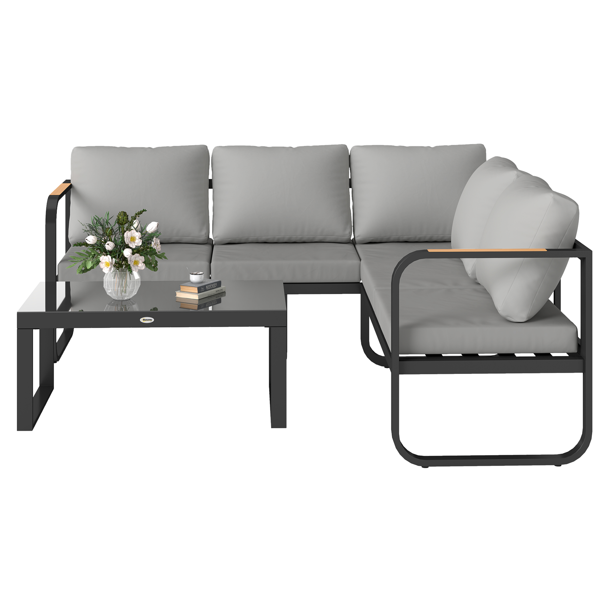 Outsunny Gartenmöbelset 3-teilig in L-Form mit Sofas und Glastisch, verstellbare Sitzpositionen, Grau
