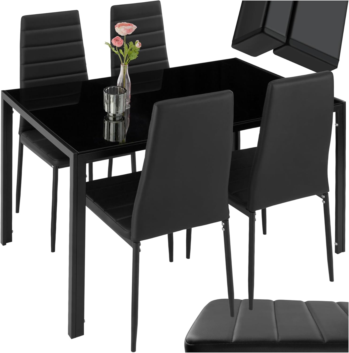 TecTake? Dining Room Furniture Set, 4 Chairs in Durable Faux Leather, Table with Glass Top, Modern Design, Floor Saver Feet, Ideal for Kitchen and Living Room - White