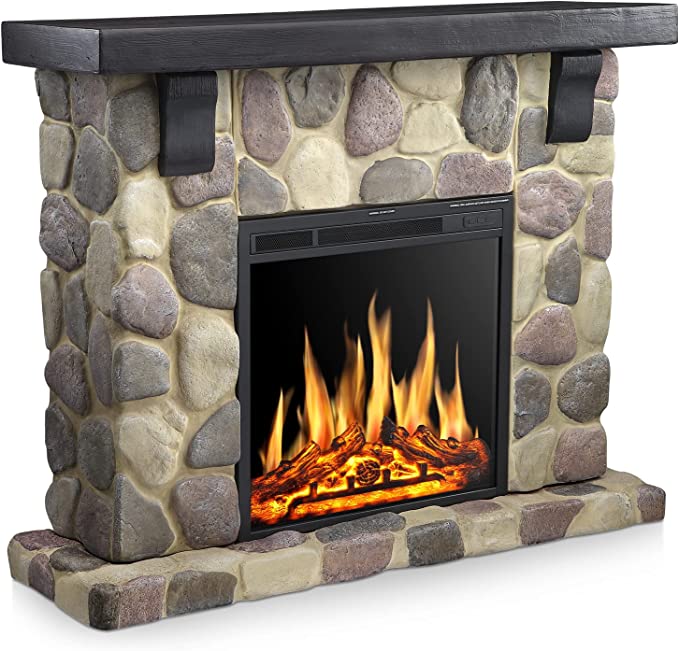 R.W.FLAME Electric Fireplace Mantel Package, 48 inch Freestanding Stone Heater TV Stand with Remote Control, 7 Flame Brightness Settings