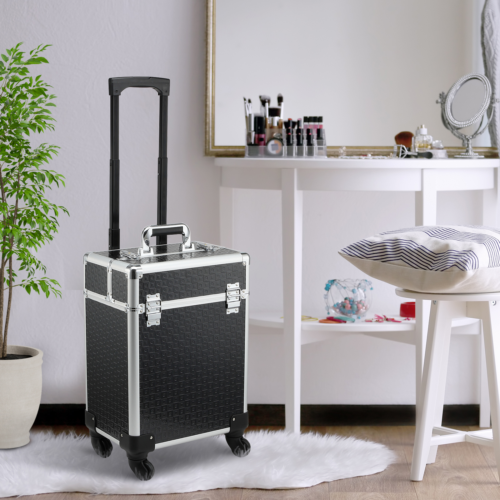 HOMCOM Koffer Trolley Make-up Koffer Kosmetik Vanity Teleskopgriff verstellbar 34L x 24B x 52H cm Alu. Schwarz
