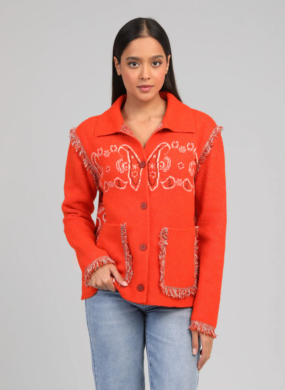 Orange Knit Jacket �C Jacquard Bandana Fringe by An��ge