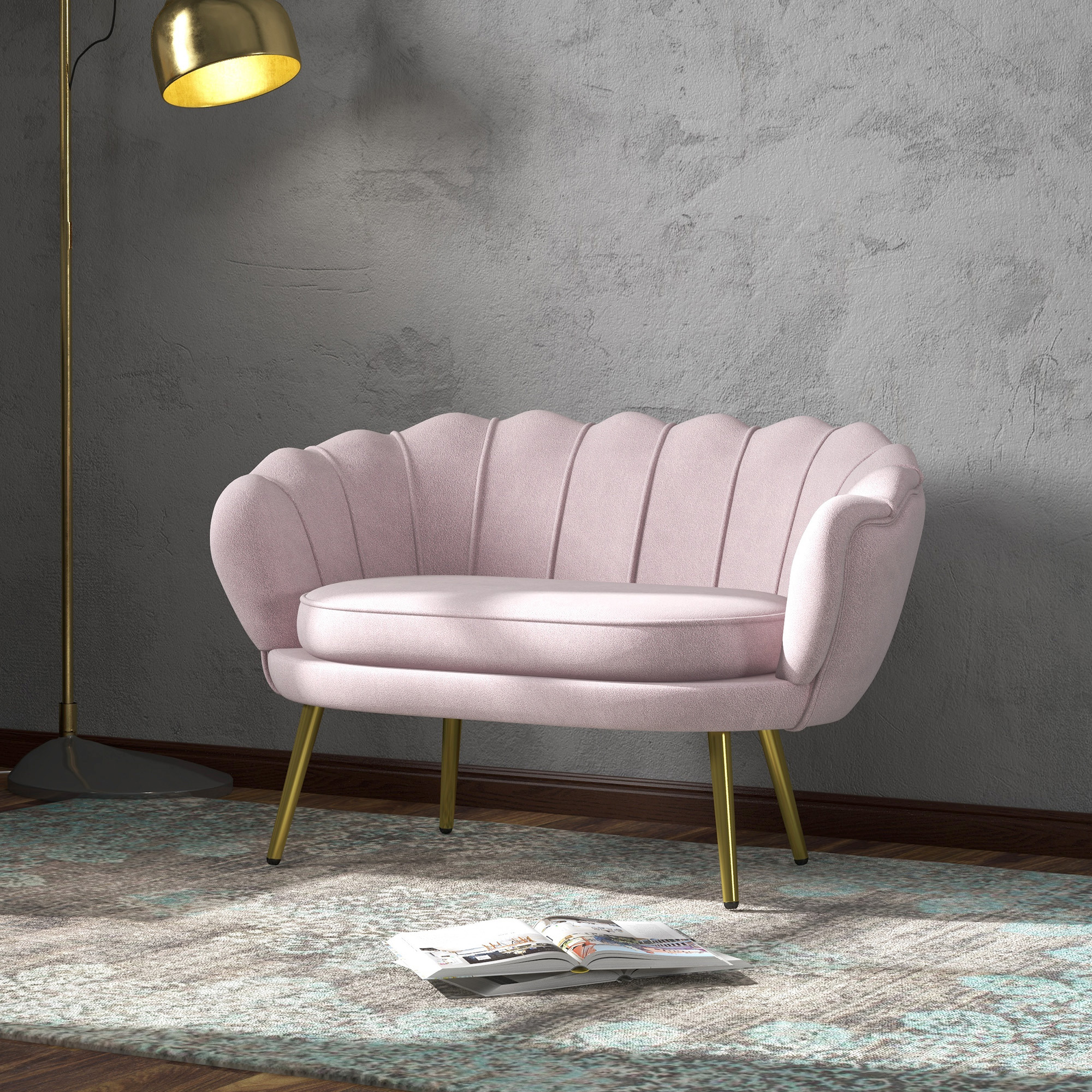 HOMCOM 2-Sitzer-Sofa im Industrial Chic-Stil aus Samteffektgewebe und Metall, 130x77x77 cm, Rosa