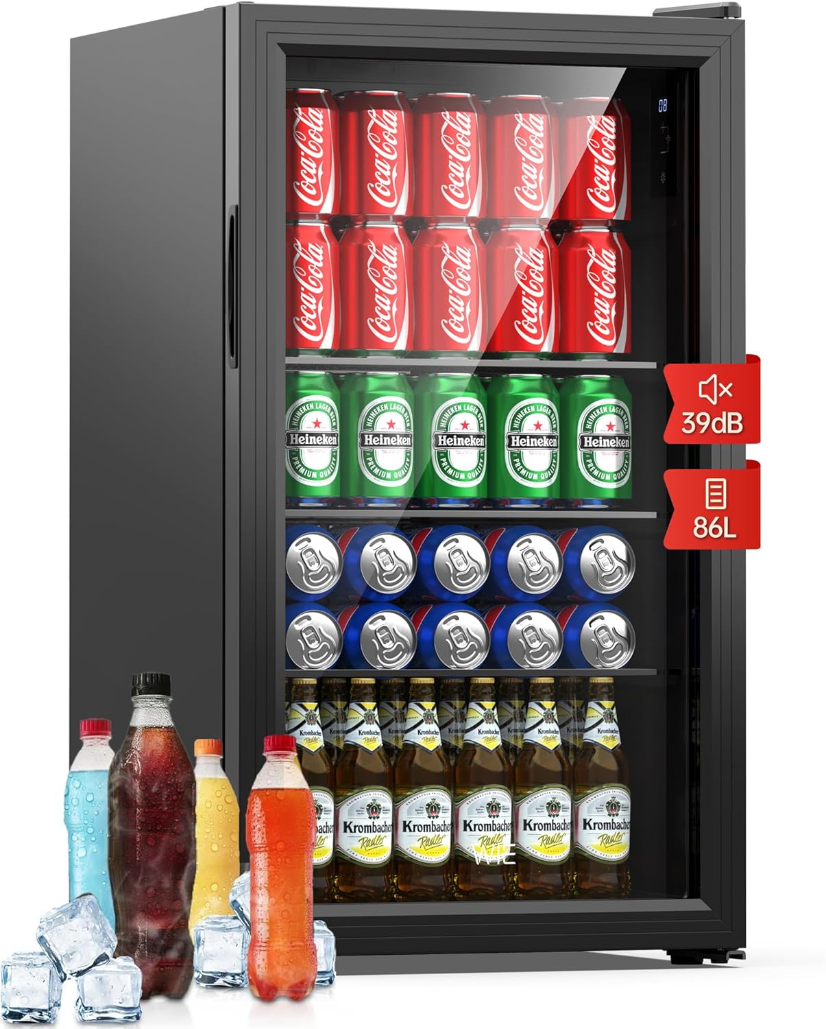 WIE Professional Mini Frigo per Bevande, Frigorifero per Bevande Con Porta in Vetro, 3 Ripiani Regolabili, Controllo Intelligente, Porta Reversibile, Perfetto per Casa/Bar/Ufficio/Hotel (Nero 86L)