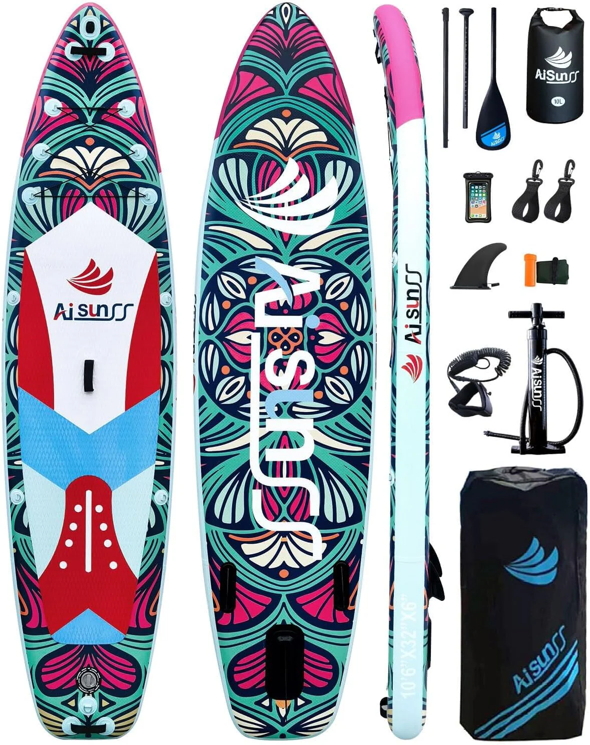 Inflatable wide SUP board with SUP carrying bag, hand pump, 10L waterproof bag and adjustable paddle