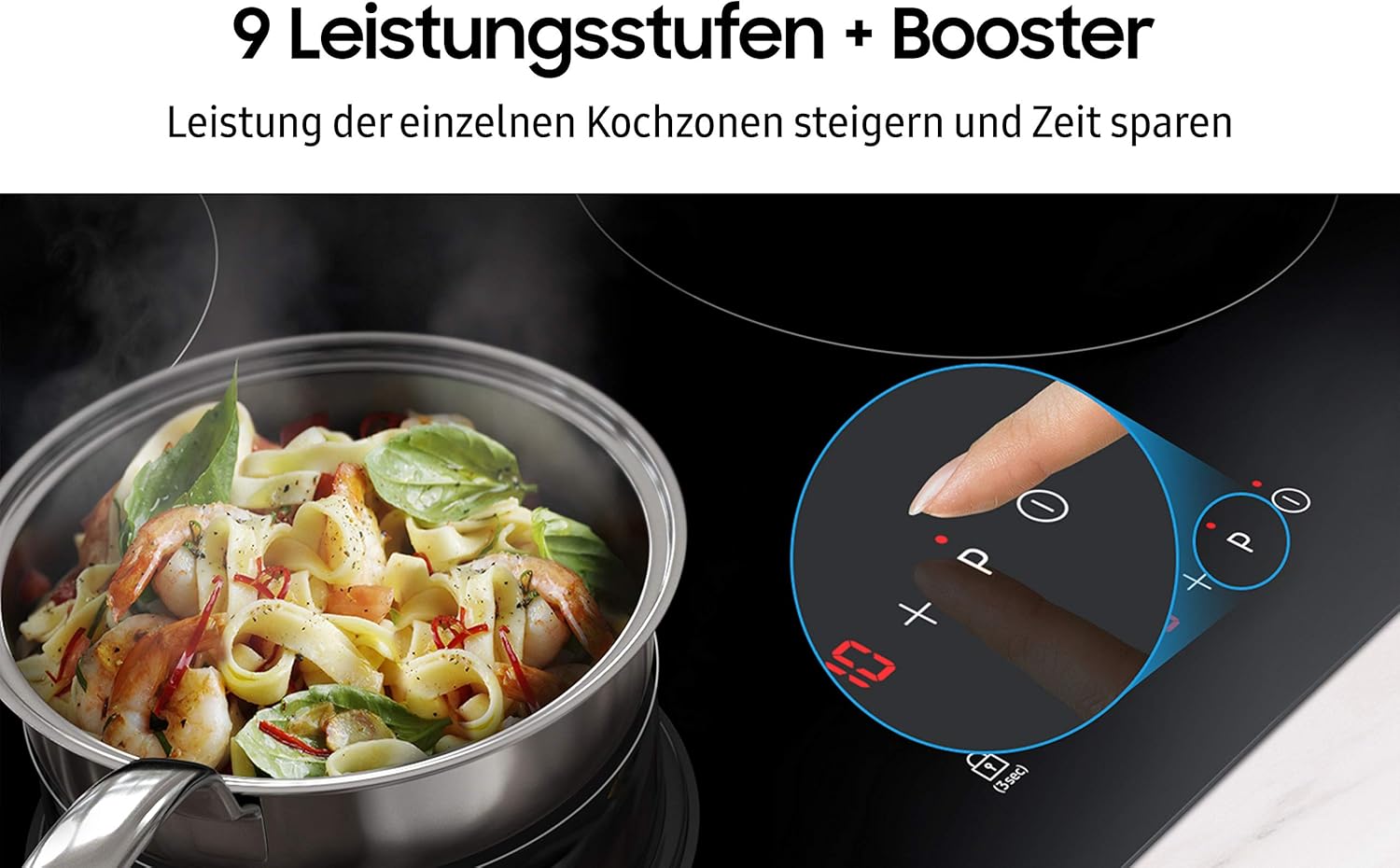 Samsung NZ64M3NM1BB Autarkes Induktionskochfeld, 60 cm große Herdplatte aus Glaskeramik, Rahmenlos, 4 Kochzonen mit Touch Steuerung, 9 Leistungsstufen, 4 Booster, Kindersicherung, Schwarz