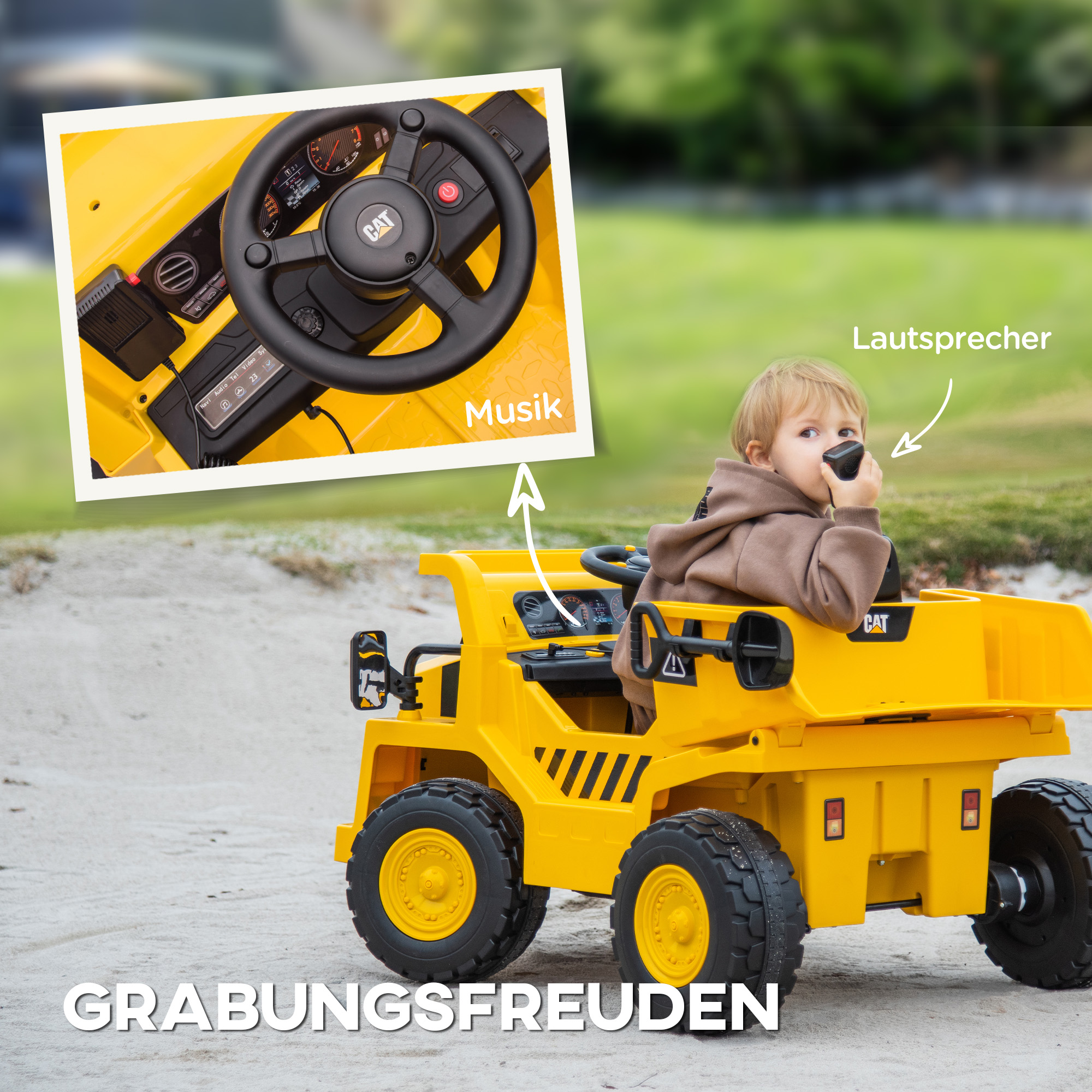 AIYAPLAY Elektrische Kindergraafmachine, Caterpillar Kipper, 3-5 km/u, met Afstandsbediening, 3-6 Jaar, Geel