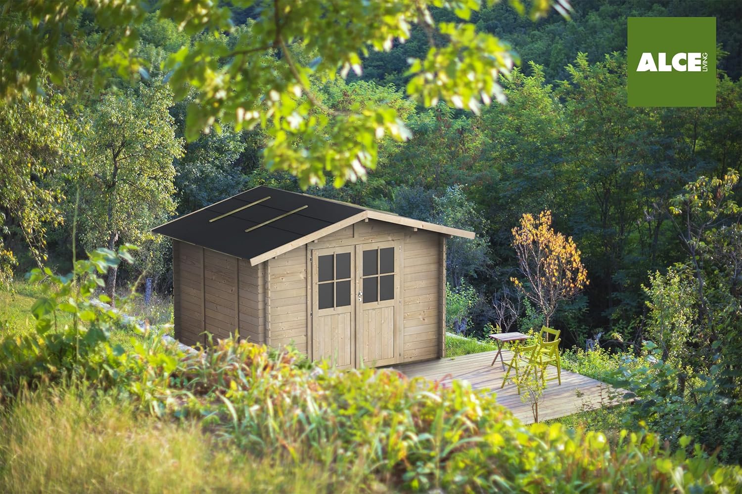 Gartenhaus Bh25 Opera 300x250 aus Fichtenholz 25 mm mit Doppeltür und Fenster, Nut-und-Feder-Dach und Boden, Fundamentbalken, einfacher Aufbau, PEFC-Zertifiziert