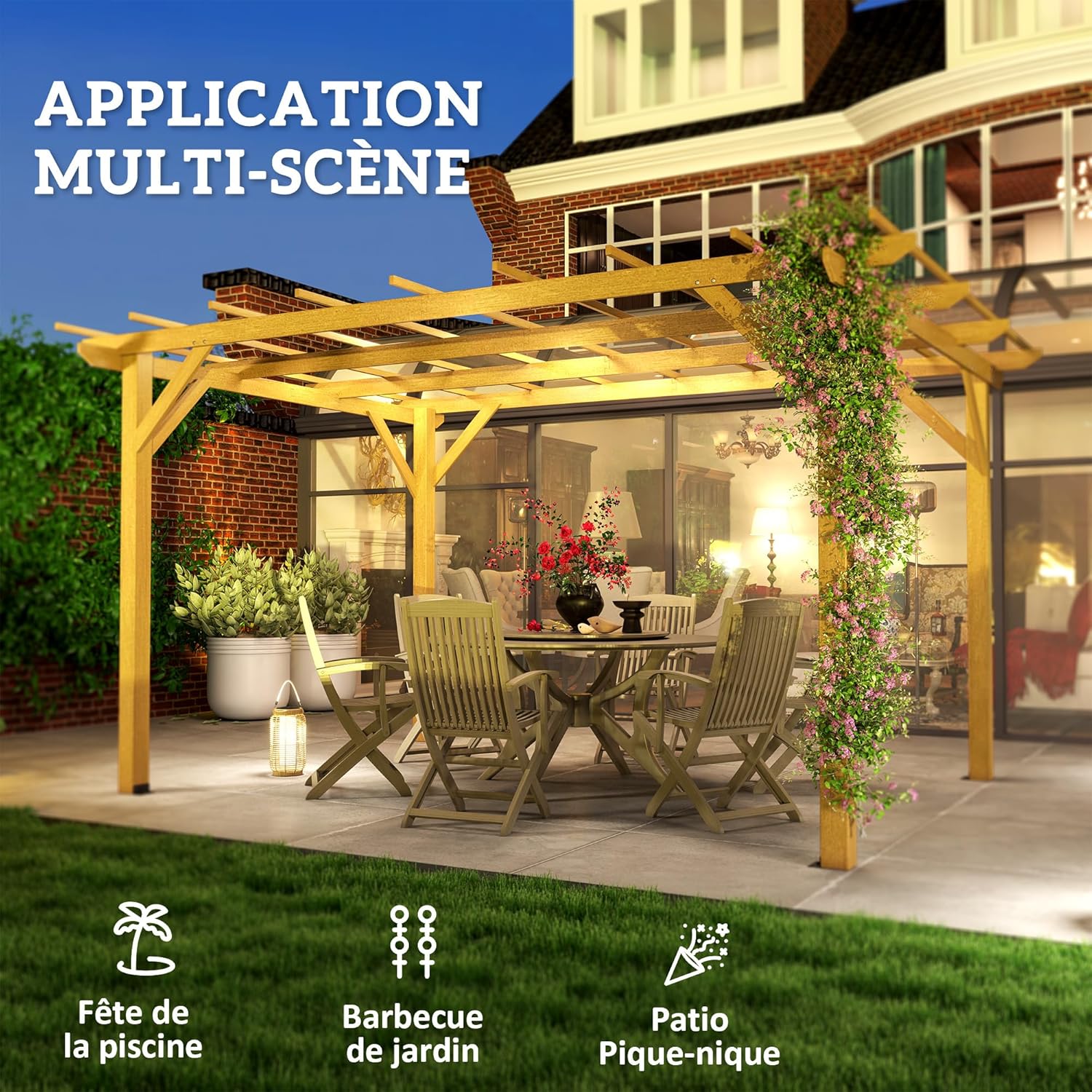 Outsunny Pergola Garten im Freien 3 x 4 m versenkbare Schiebepergola, Holzpergola, Gartenlaube für Kletterreben, Blumen, Rosen, Pergola für Terrasse, Patio, Naturholz