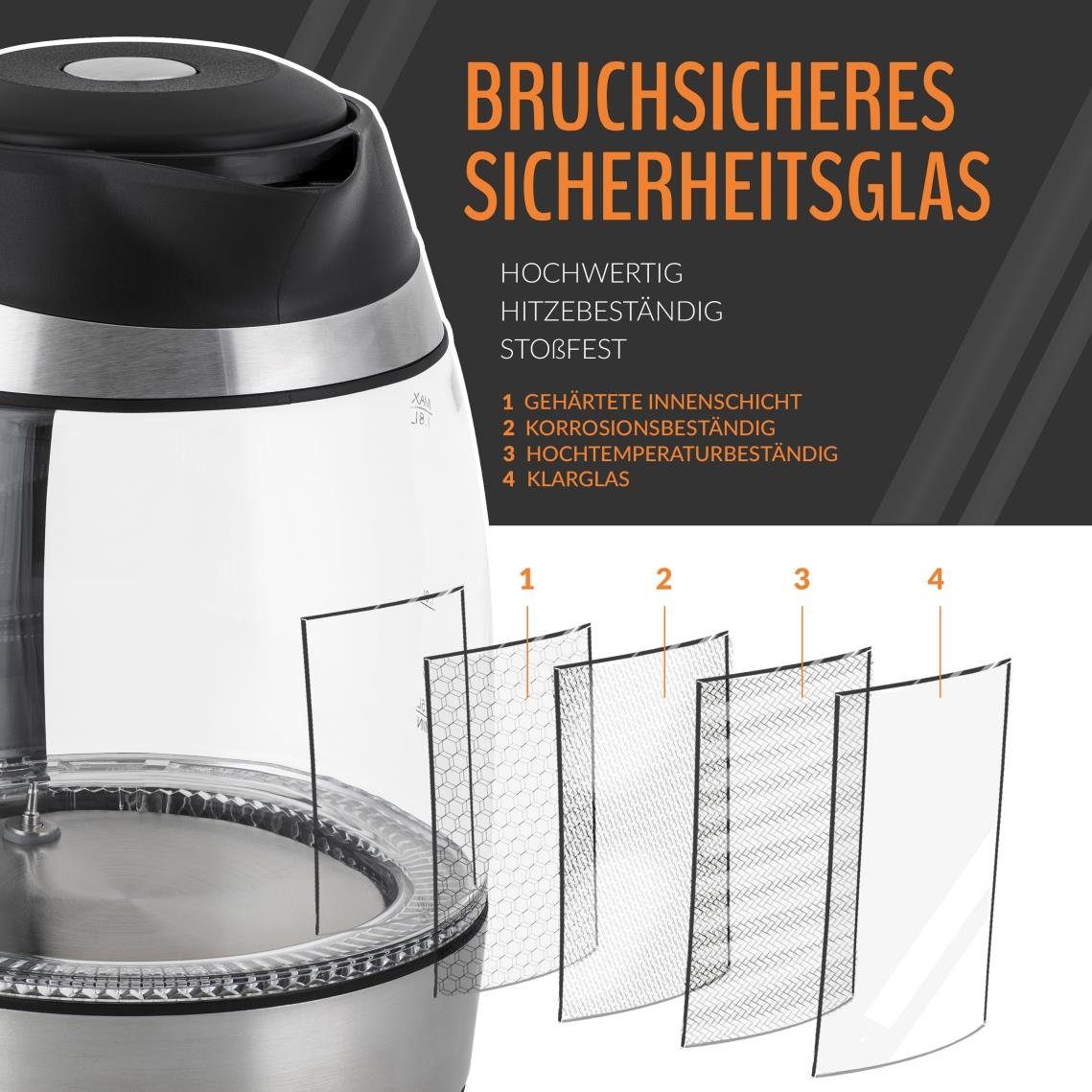 Wasserkocher 1,8 l 2200 W Edelstahl aus Glas mit Teesieb und Kalkfilter