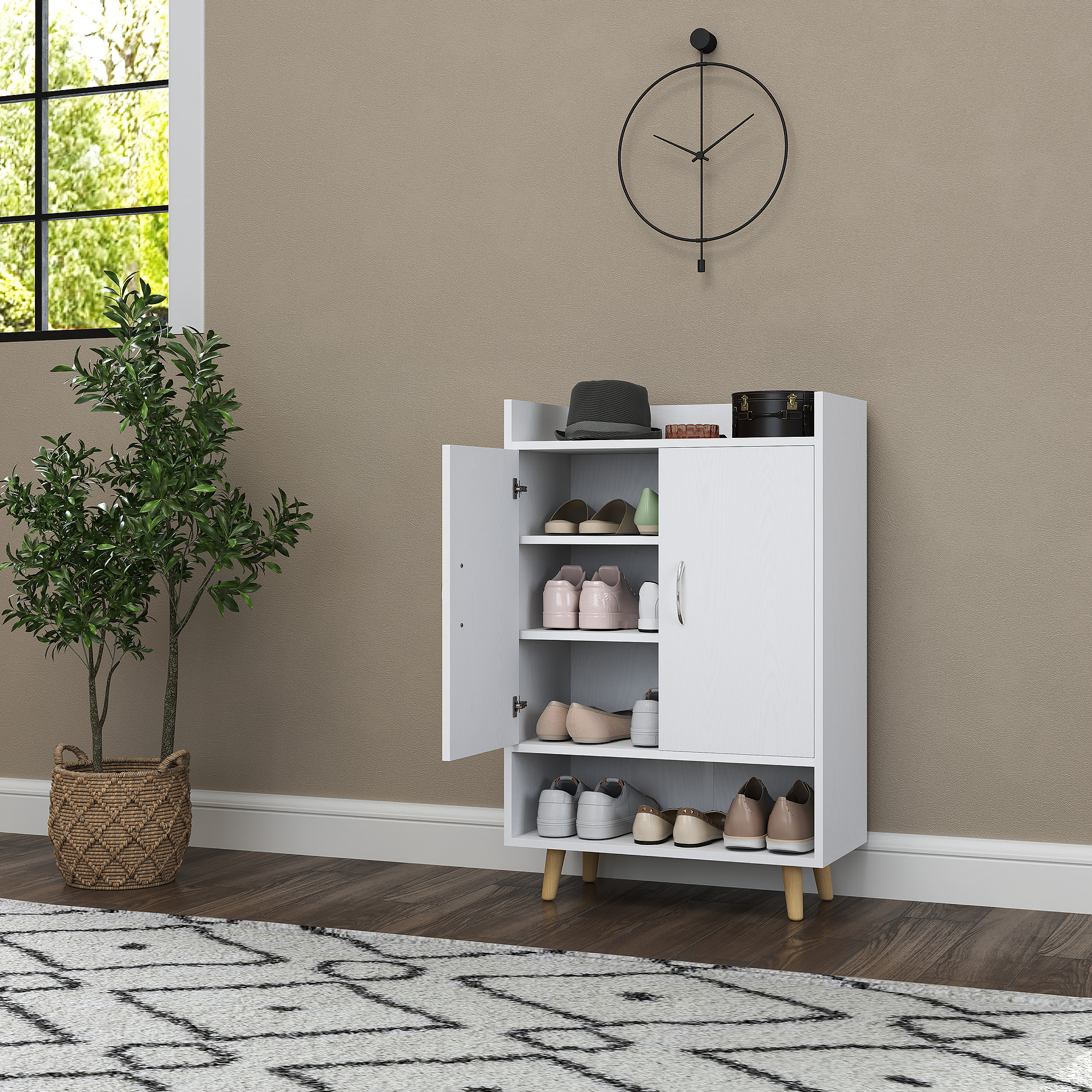 HOMCOM Schuhschrank, Schuhregal mit Türen und Regalen, für Flur, moderne Schuhkommode, Schuhablagen, 60 x 30 x 92 cm, Weiß