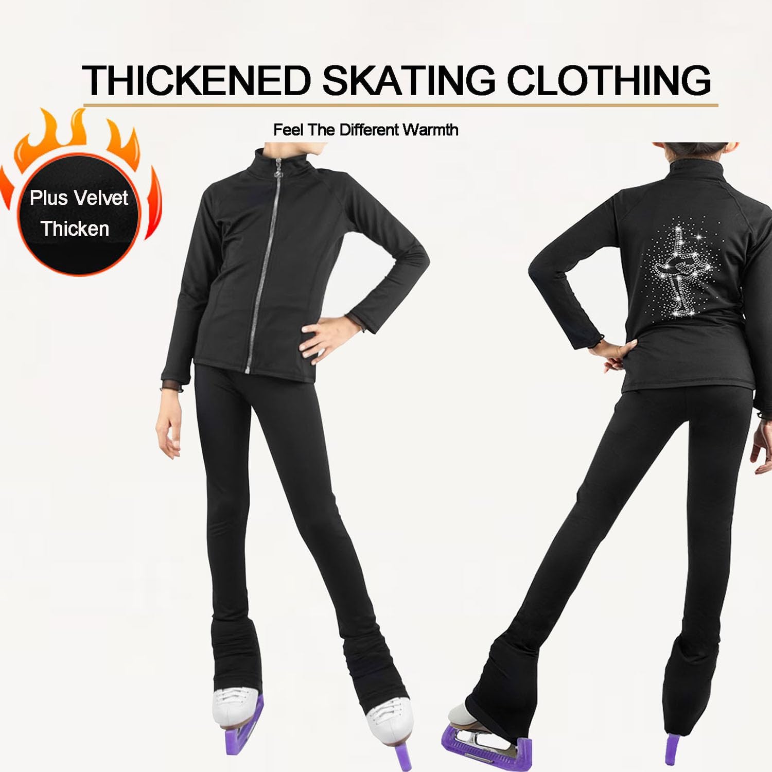 Eislauf-Outfit für Mädchen, Eiskunstlaufjacke, Eiskunstlaufhose, warme Eiskunstlaufhose für Mädchen, Strass-Leggings,Schwarz,L