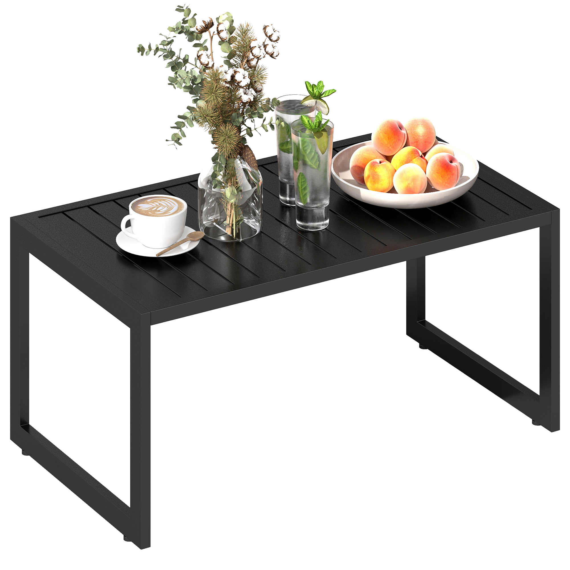 Outsunny Beistelltisch mit Latten-Design Balkontisch aus Aluminium Kaffeetisch wetterfest 90 x 50 x 42 cm Schwarz