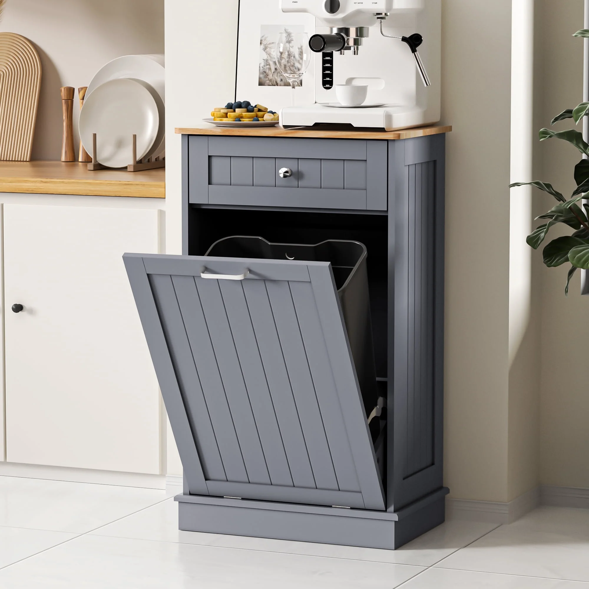 HARIPUL Single Tilt Out Trash Cabinet for 13 Gallon Waste Bin, Free Standing Kitchen Trash Can Cabinet with Drawers, White