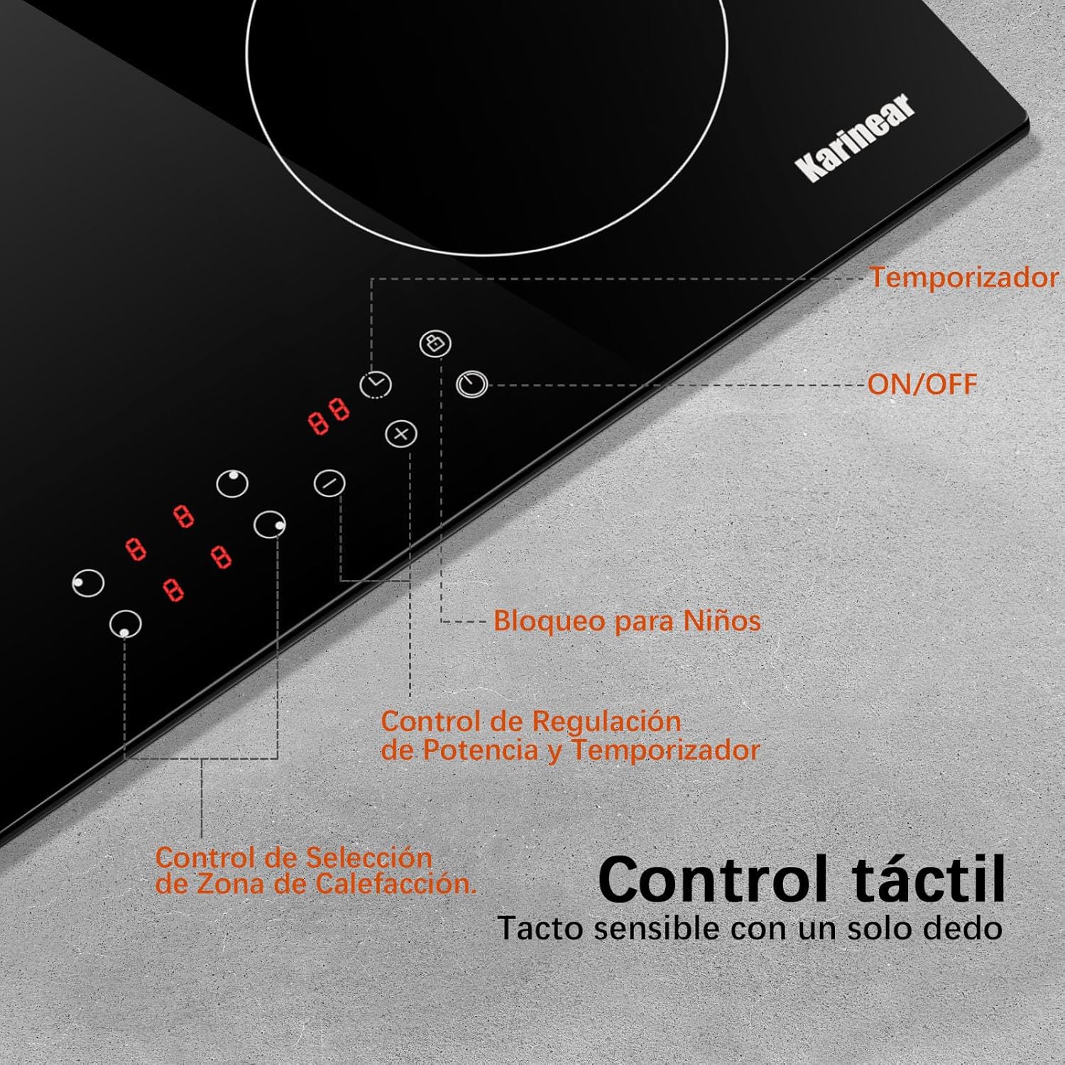 Karinear Piano Cottura Induzione 4 Fuochi, 60cm Piastra Induzione Elettrico 4 Piastre, Piani Cottura con Spina 3500W, 9 Power Comandi Toccare, Blocco di Sicurezza per Bambini, Timer Lock, Vetro, Nero