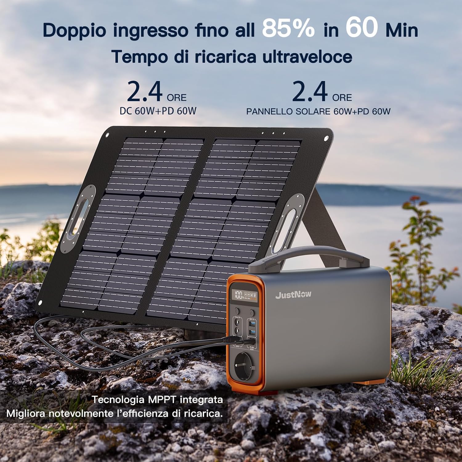 JustNow Stazione di Ricarica Portatile 240W/240Wh, Batteria LiFePo4 Mobile con Uscita AC/DC/USB/PD 60W, Generatore Solare per Campeggio, Outdoor, Camper (GT240)