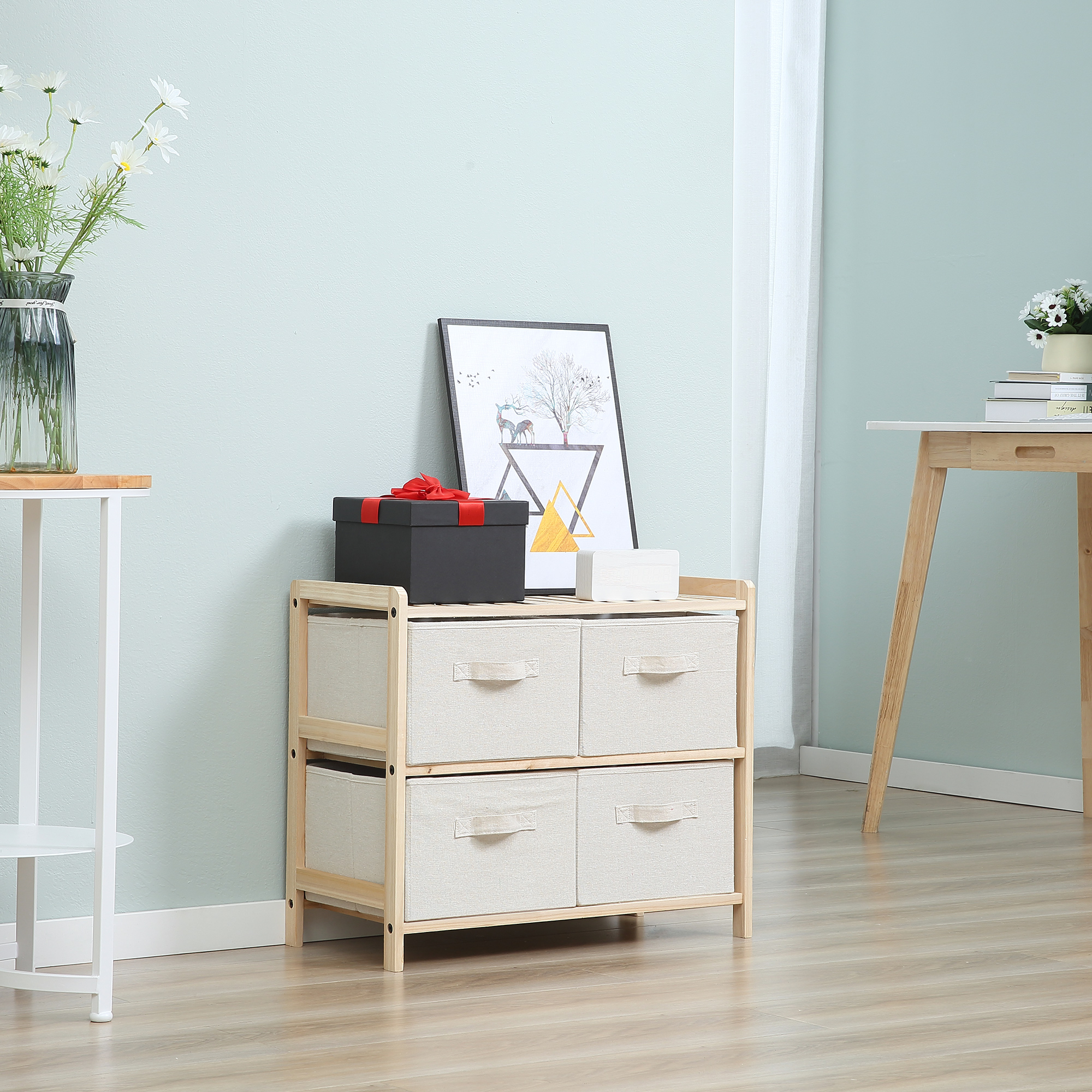 HOMCOM Aufbewahrungskommode aus Stoff mit 4 klappbaren Leinenschubladen, elegantem Stil für Schlafzimmer, Büro, Wohnzimmer, 59 x 28 x 50 cm, Naturholz, Beige