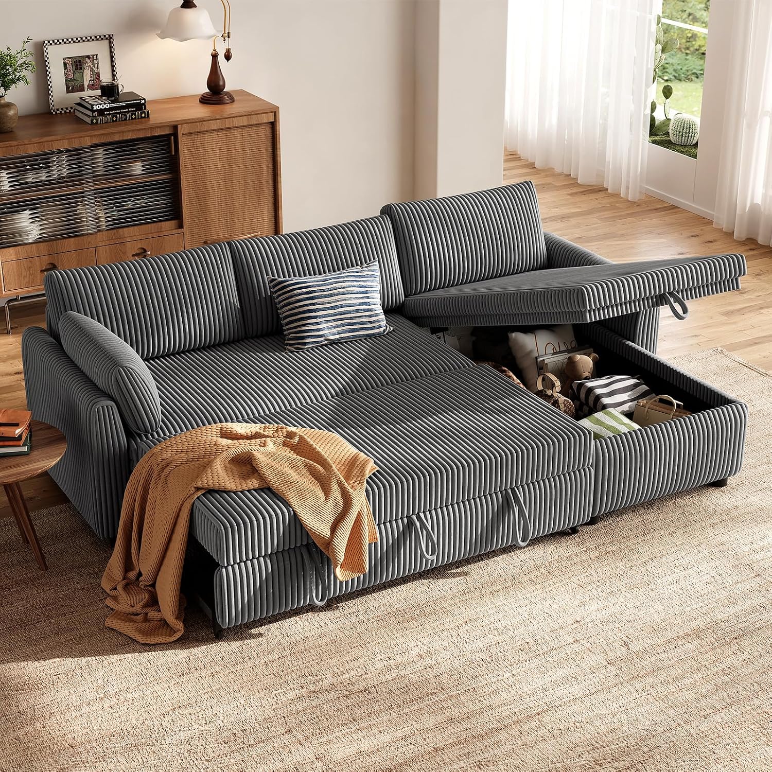 HOMRELEXA Ecksofa mit Schlaffunktion, Sofa Bed, Cord Schlafsofa in L-Form