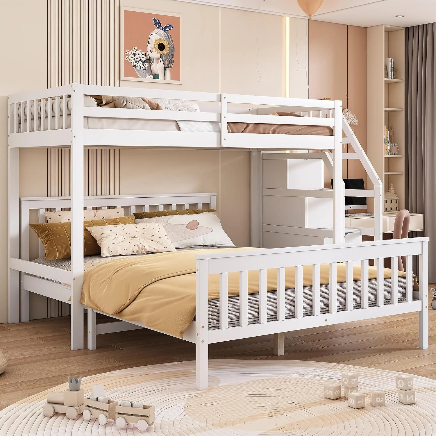 MYBOO Bett, Weiß, Kinder Hoch 90x200, Etagen mit unteres 140x200 & Stauraumleiter, Stock mit Rausfallschutz & Lattenrost