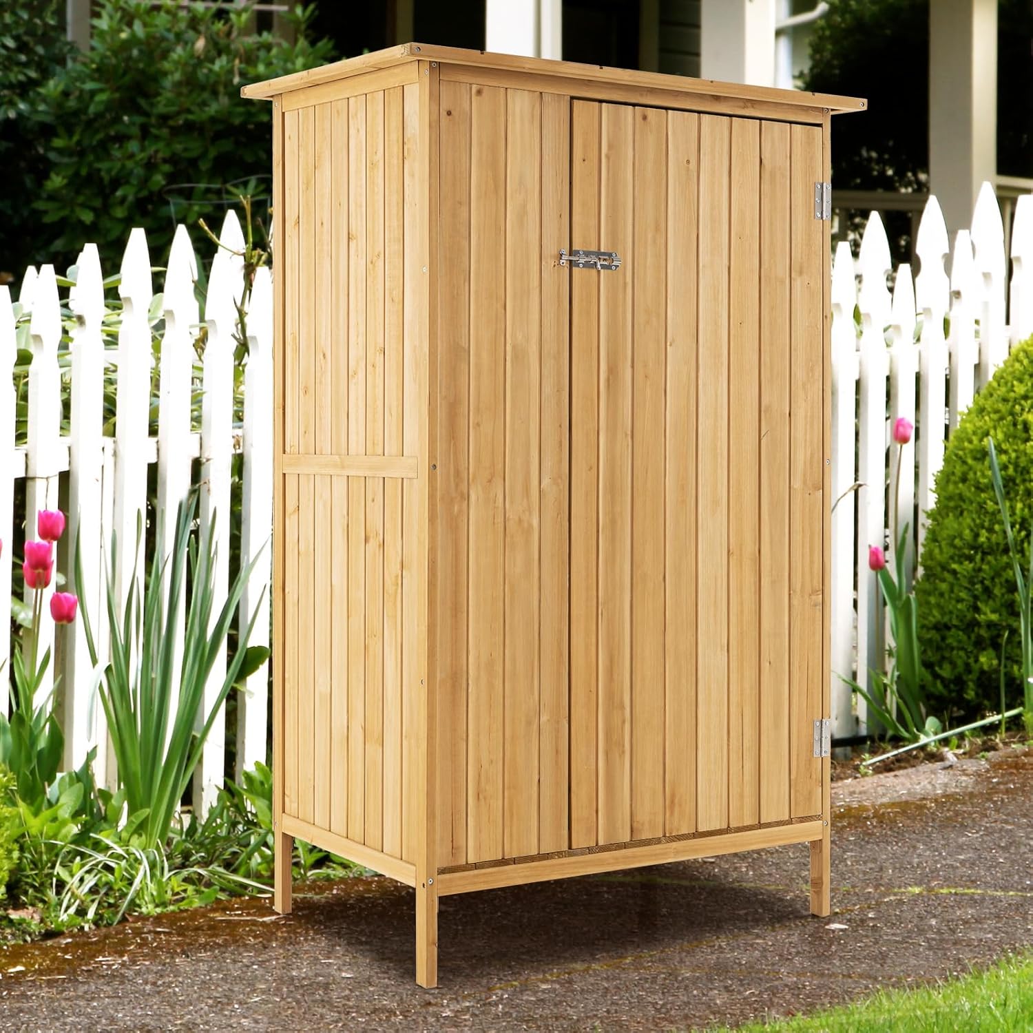 COSTWAY Armadio da Esterno, Casetta Porta Attrezzi da Giardino in Legno di Abete con Tetto in Asfalto, 3 Ripiani, Porta con Serratura e 5 Ganci, Ripostiglio per Balcone e Cortile, 91 × 66 × 150 cm