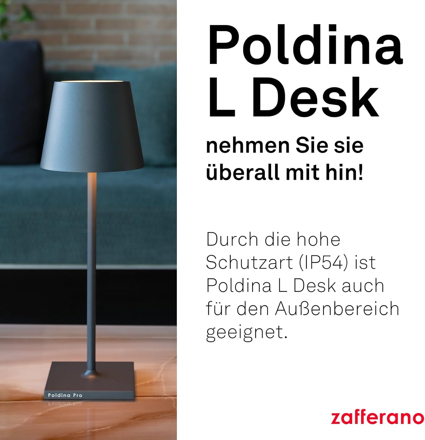 Zafferano, Poldina L Schreibtischlampe, Tragbare und Wiederaufladbare Tischlampe mit Touch Control, Geeignet für Wohnzimmer und Außenbereich, Dimmer, 2200-3000 K, Höhe 49,7 cm, Farbe Dunkelgrau