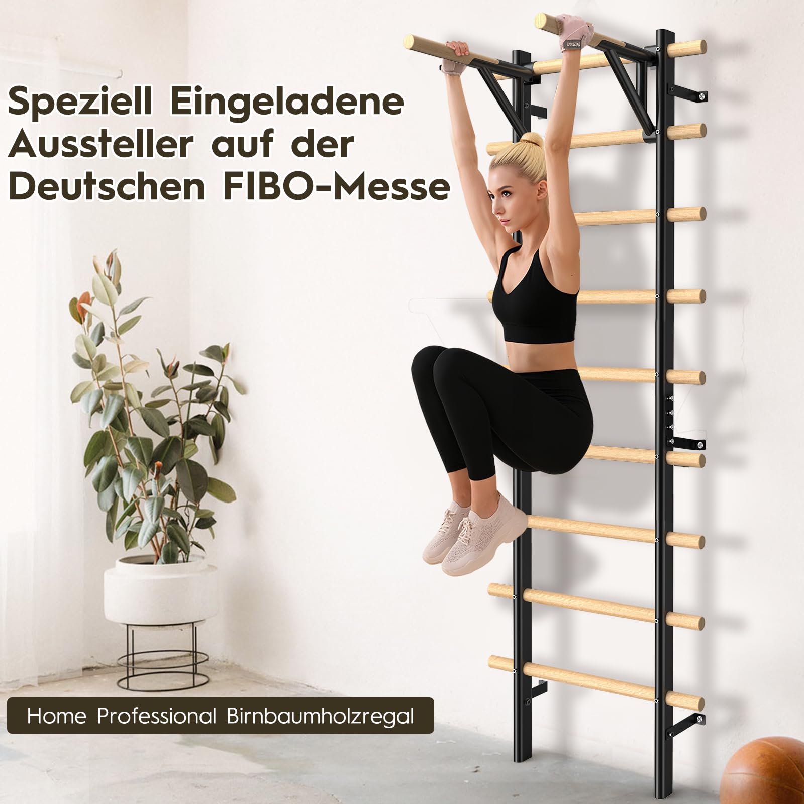 Sprossenwand mit Klimmzugstange und Dip-Barren aus Buchenholz, 220 cm, höhenverstellbar