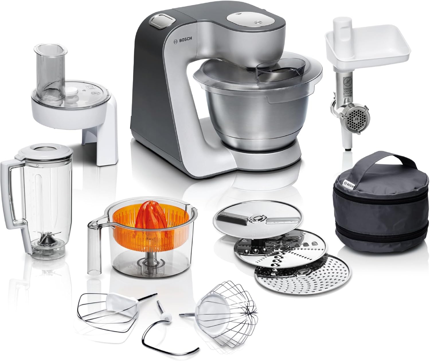 Bosch Küchenmaschine Serie 4 MUM56340, Schüssel 3,9 L, Mixer 1,25 L, Fleischwolf, Zitruspresse, Planetenrührwerk, Knethaken, Schlag-, Rührbesen, Durchlaufschnitzler, 3 Scheiben, 900 W, Silber/ Grau