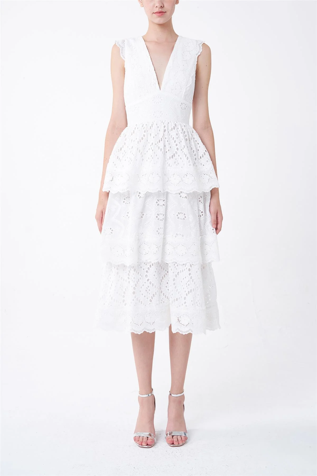 White Mary Tiered Eyelet Midi-Dress