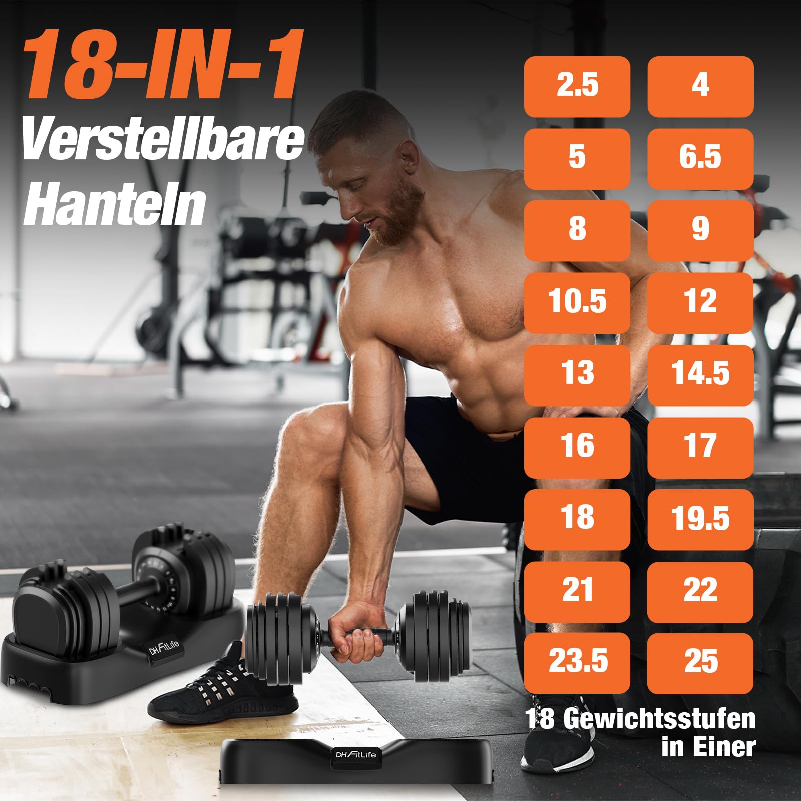 Verstellbares Hantelset 25 kg mit 18 Gewichtsstufen von 2,5 bis 25 kg Gusseisen Kurzhantel mit Anti-Rutsch-Griff