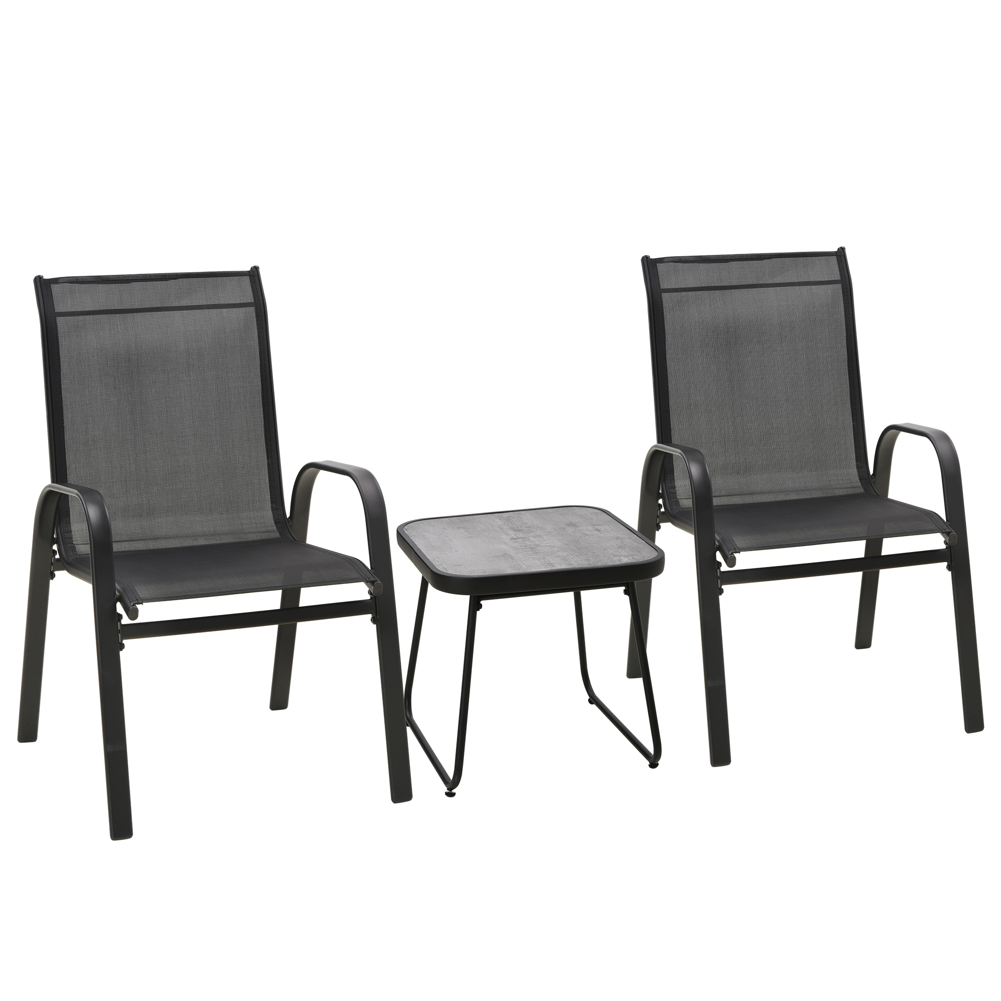 Outsunny 3-teiliges Gartenmöbelset mit 2 stapelbaren Stühlen und quadratischem Tisch mit hoher Rückenlehne und schwarzem Textilene-Bezug