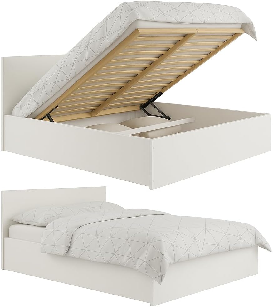 Doppelbett 120x200cm, Stauraumbett mit Bettkasten & Birkenholz Lattenrost, Robustes Bett mit Kopfteil, Bettgestell aus Schichtstoffplatte, ohne Matratze, Weiß