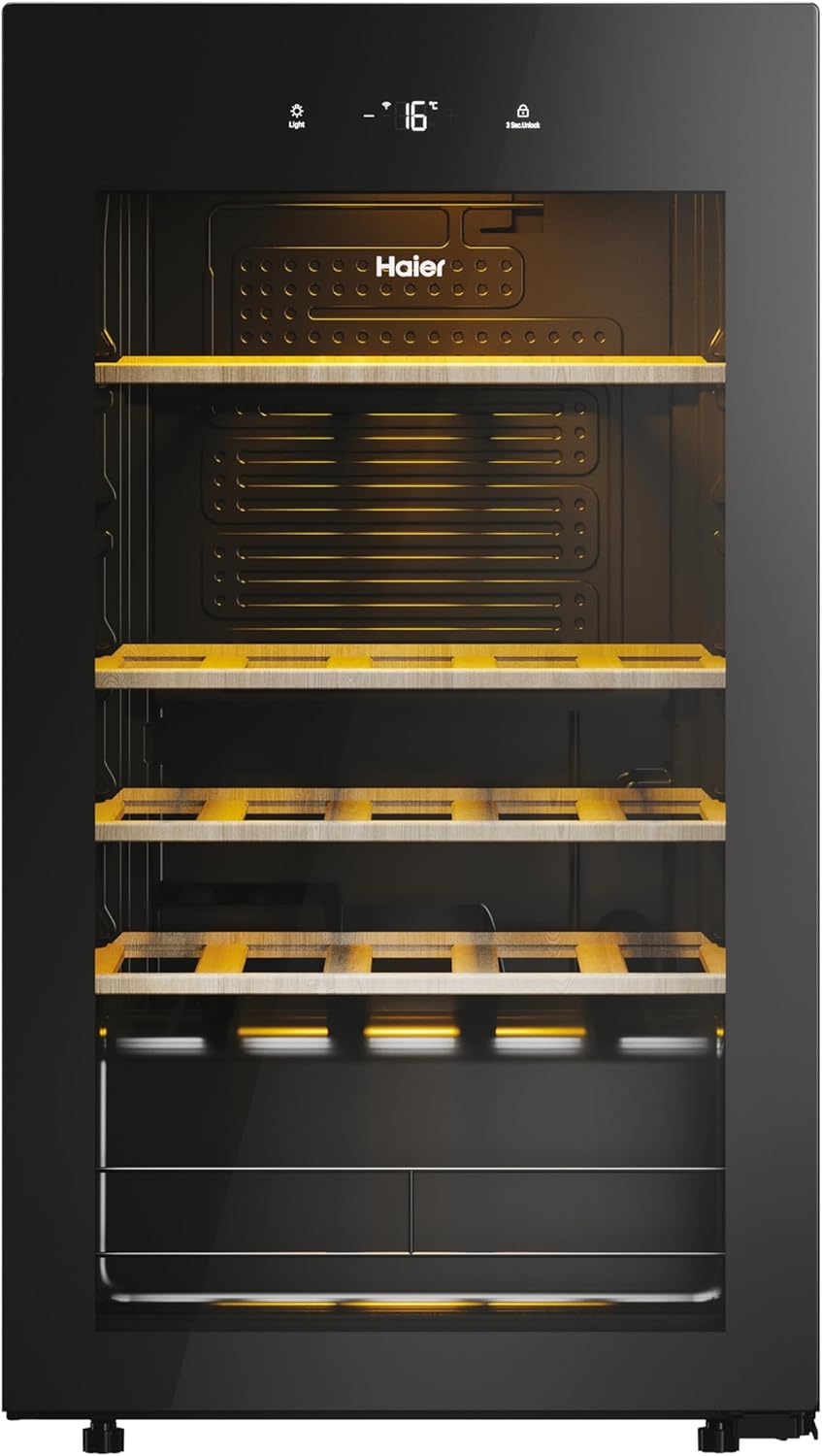 Haier, Wine Cellar HWS34GGH1, Wine Bank 50 Series 3, 34 Bottles, 37 dB, Connected, Anti-UV Glass, Monozone, Black, HxWxD 85 x 47.5 x 45.7 cm [Energy Efficiency Class G]