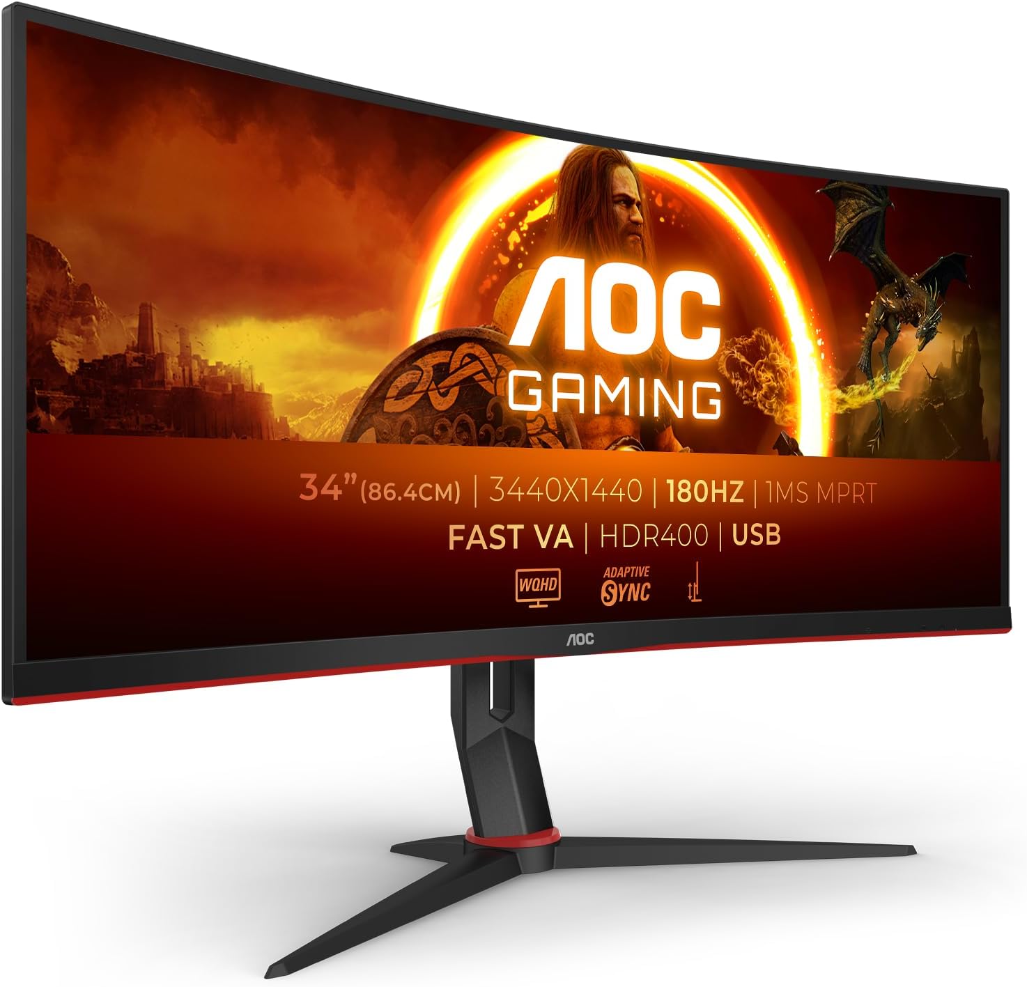 AOC Gaming CU34G2XPD – 34-Zoll-WQHD-Curved-Monitor, 180 Hz, schnelle VA, 1 ms GTG, FreeSync Premium, HDR400, höhenverstellbarer Standfuß (3440 x 1440, HDMI, DisplayPort, USB-Hub)