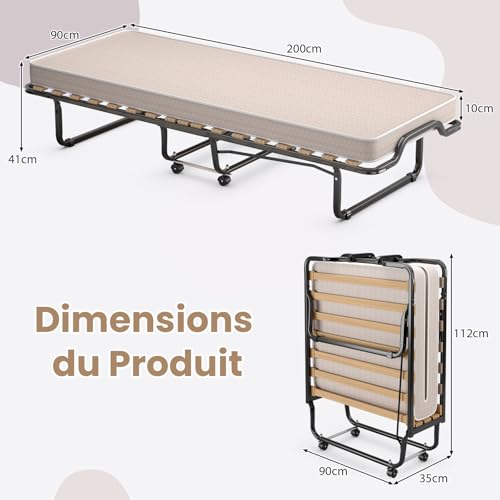 COSTWAY Letto Pieghevole, Beige, 90x200cm Matelas 10cm : Casa e cucina