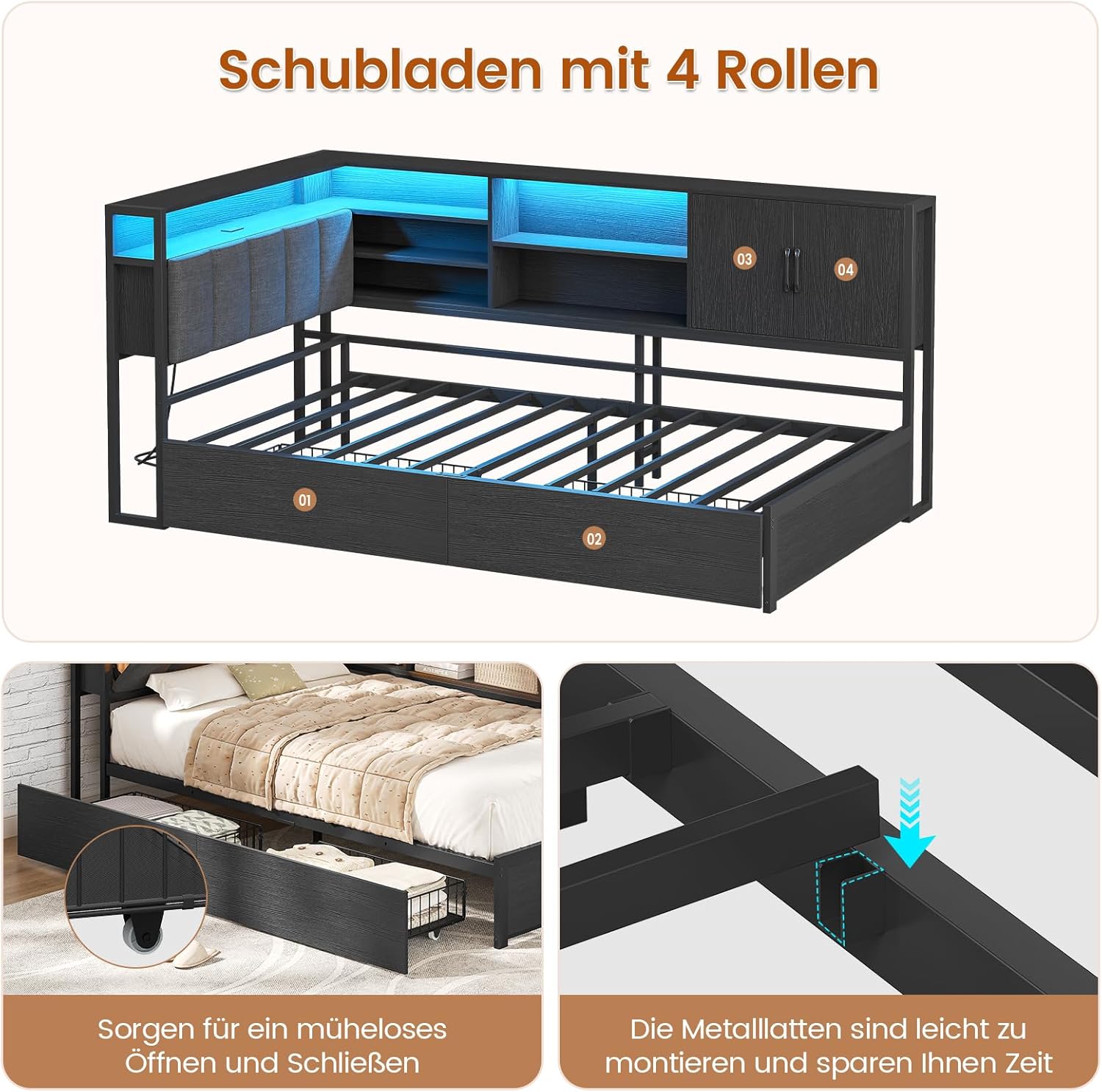 Polsterbett Schlafsofa 90x190 mit LED-Beleuchtung, Ladestation, Tagesbett, Jugendbett mit 2 Schubladen und Lattenrost aus Metall, Kopfteil mit Stauraum, Offene Regale, Schrank, Schwarz