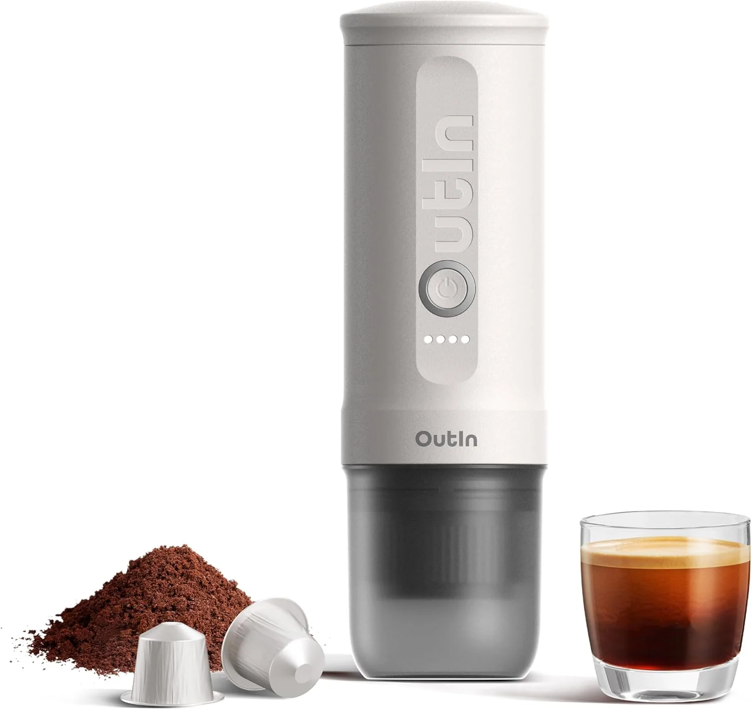 OutIn Nano Draagbare Espressomachine met Batterij, voor onderweg of camping, Koffiezetapparaat to go, met elektrische zelfverwarming via USB - C, 2 in 1 voor gemalen koffie en NS - capsules