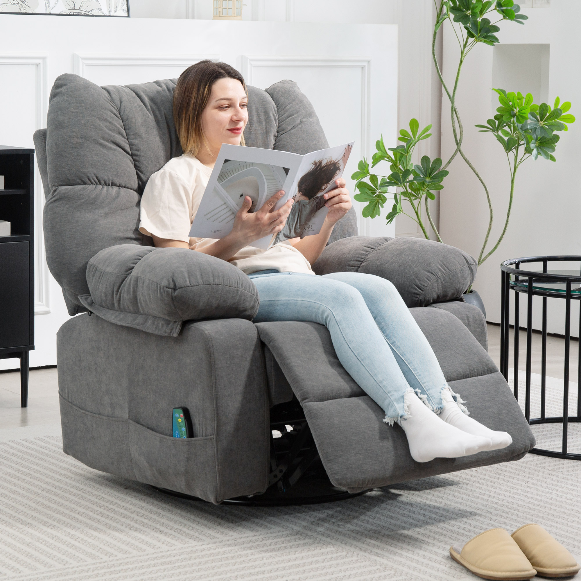 Relaxstoel met Massage- en Ligfunctie, Draaibare Massagestoel, 4 zijzakken en Afstandsbediening, Donkergrijs