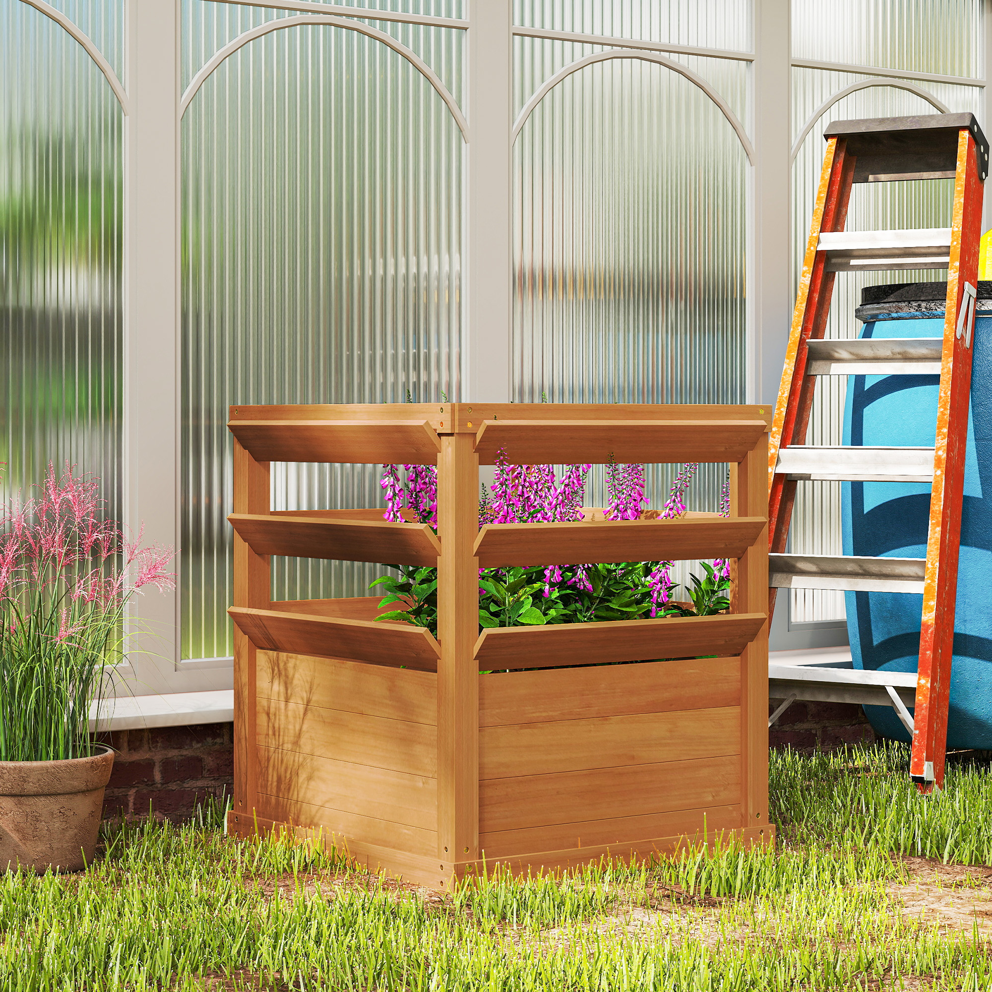 Outsunny Hochbeet Pflanzkasten mit Rankgitter, Spalier Pflanzkübel Blumenkasten Holz 65 x 65 x 60 cm Karamellbraun