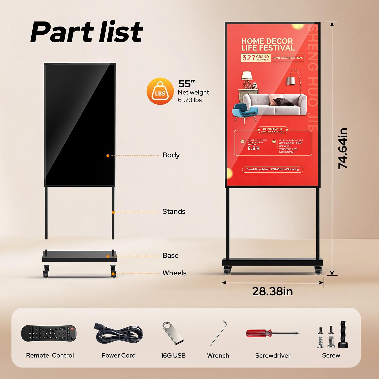 Display Digital Signage, Schermo LCD Ultra Luminoso 3000 Nits, Monitor Pubblicitario Android 14 con Controllo APP & CMS, USB/HDMI/WiFi per Ristoranti, Hotel e Negozi (65 pollici)